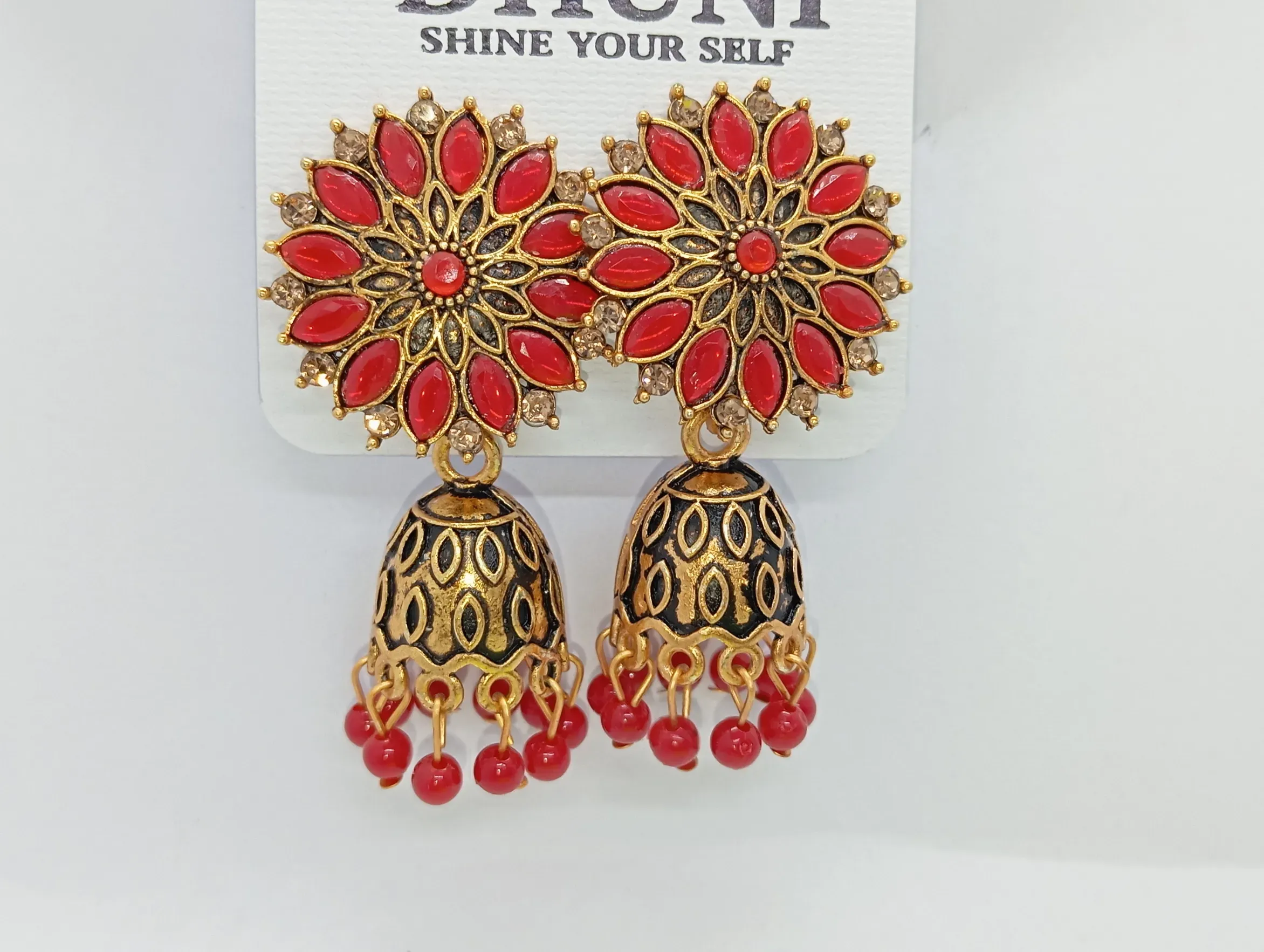 DHUNI Red Floral Jhumka Earrings | Antique Gold Finish with Red Beads | Traditional Ethnic Jewelry for Women