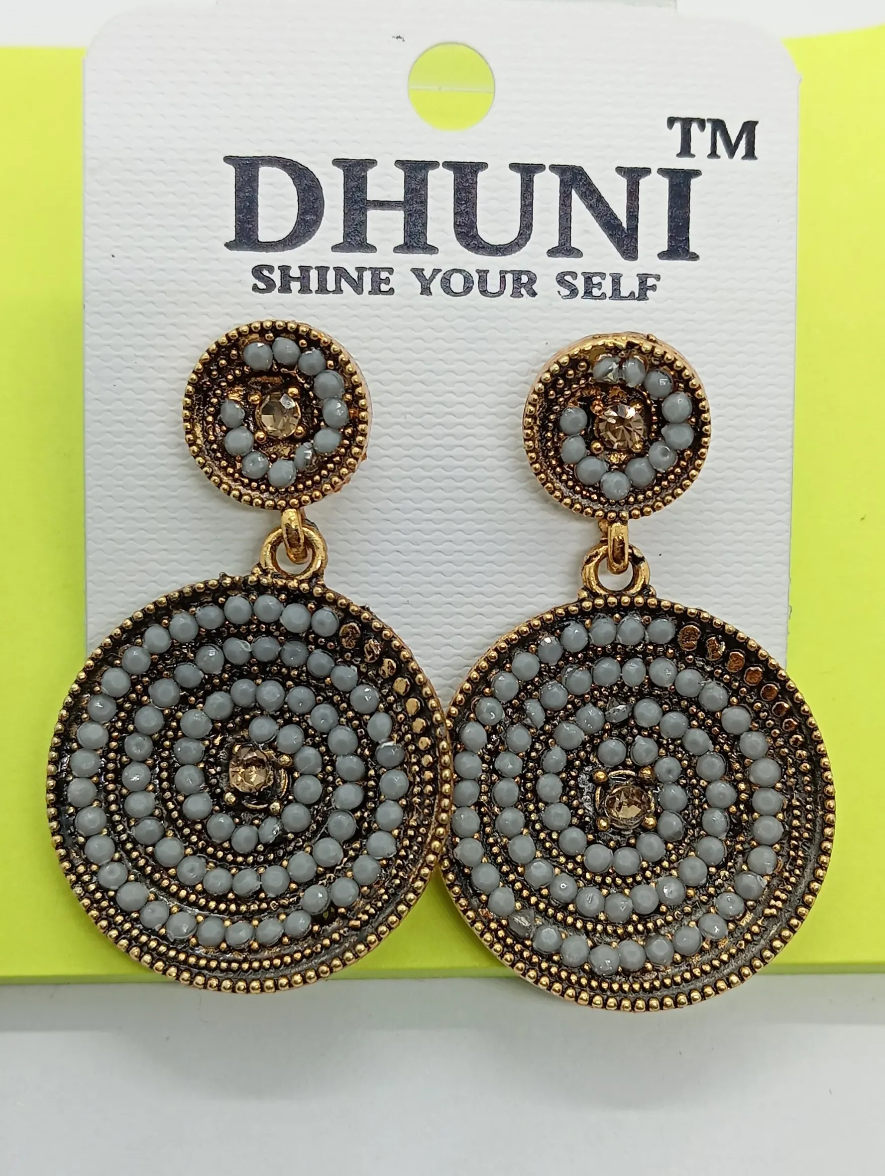 Antique Gold White Spiral Circular Dangler Earrings