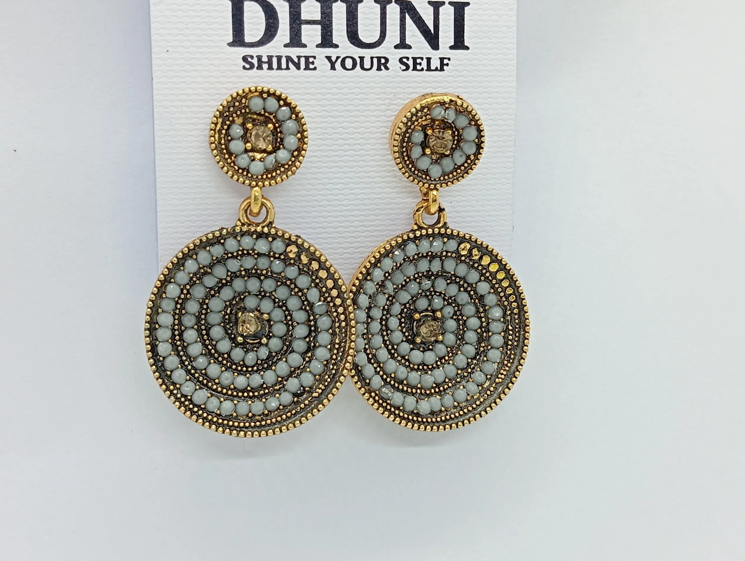 Antique Gold White Spiral Circular Dangler Earrings