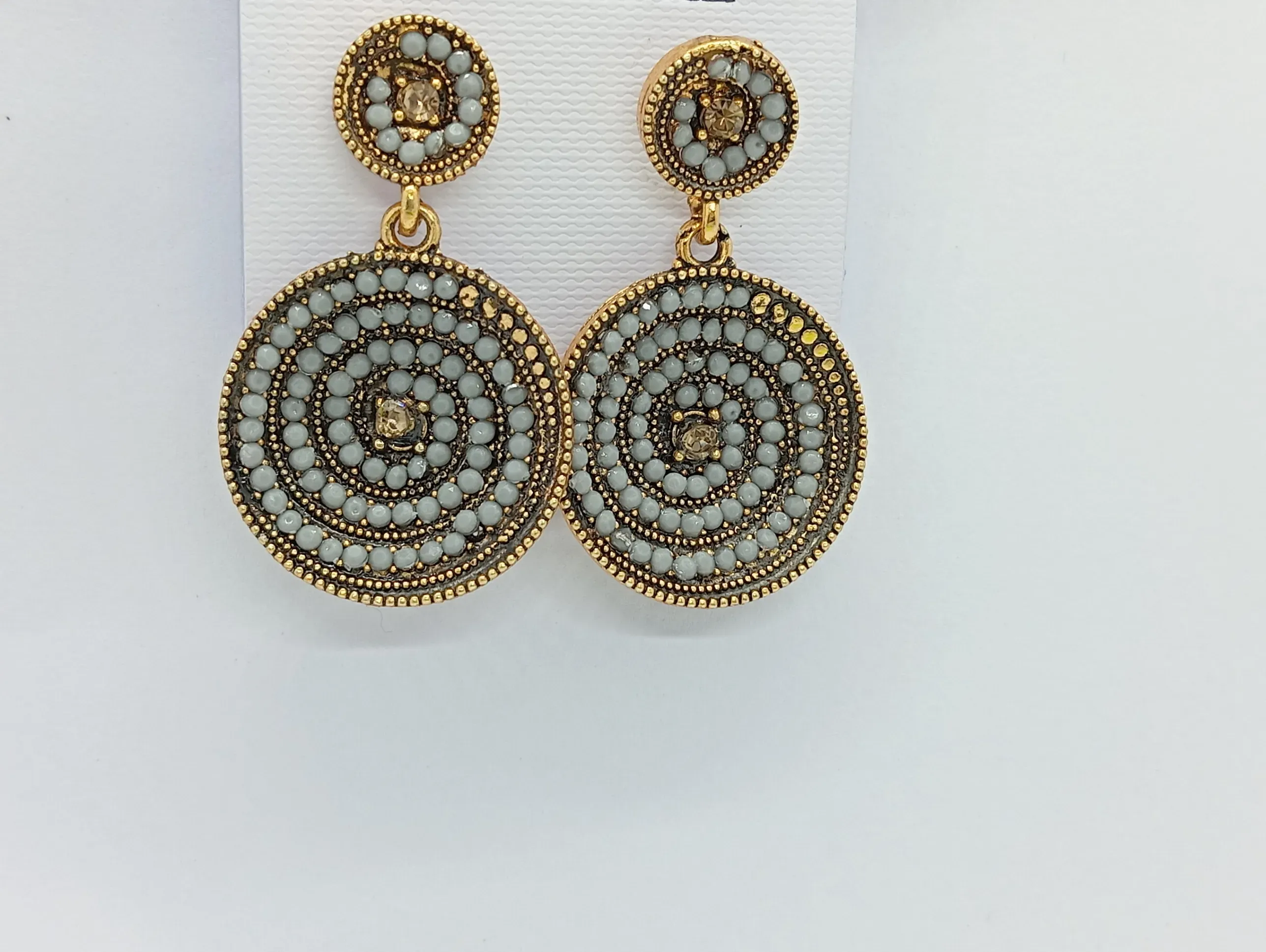 Antique Gold White Spiral Circular Dangler Earrings