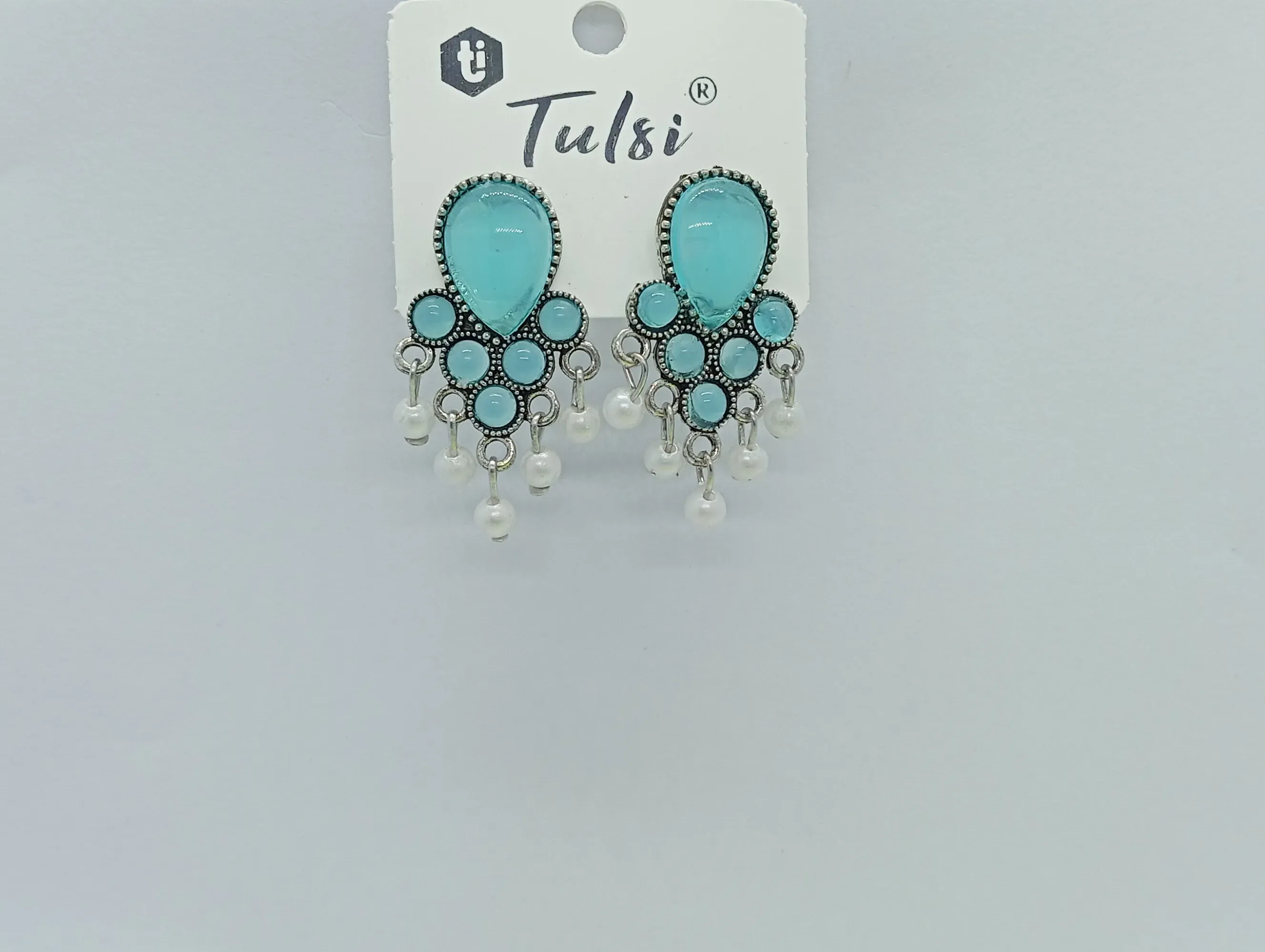 Aqua Blue Drop Earrings with Pearl Danglers – Tulsi