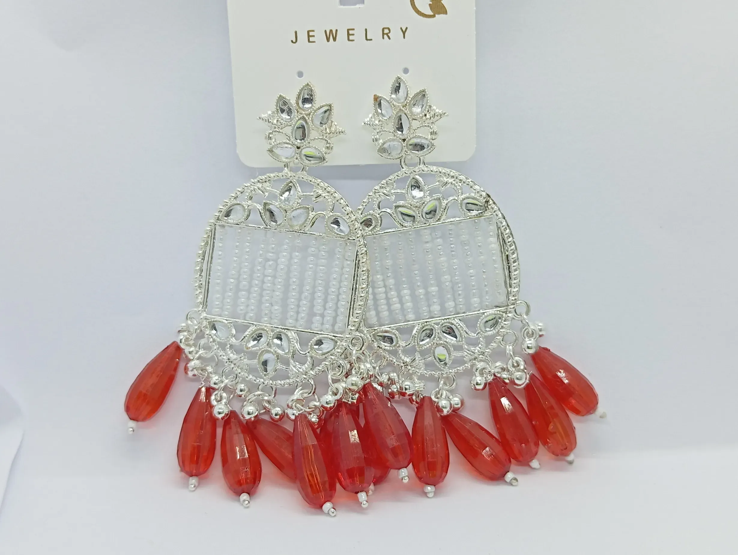 Ethnic Red Beaded Silver-Tone Chandbali Earrings for Women