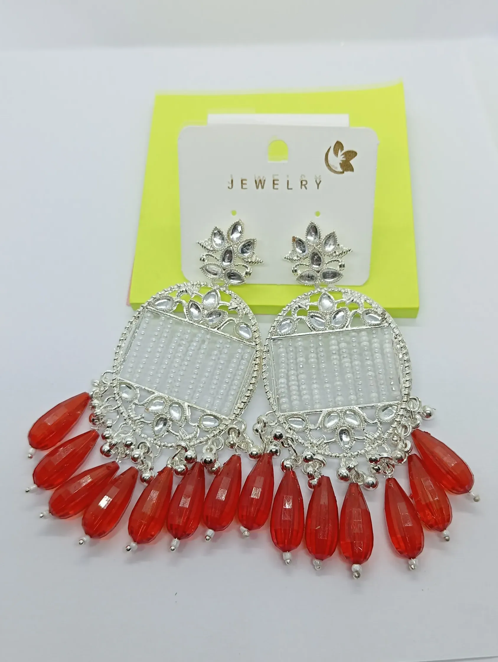 Ethnic Red Beaded Silver-Tone Chandbali Earrings for Women