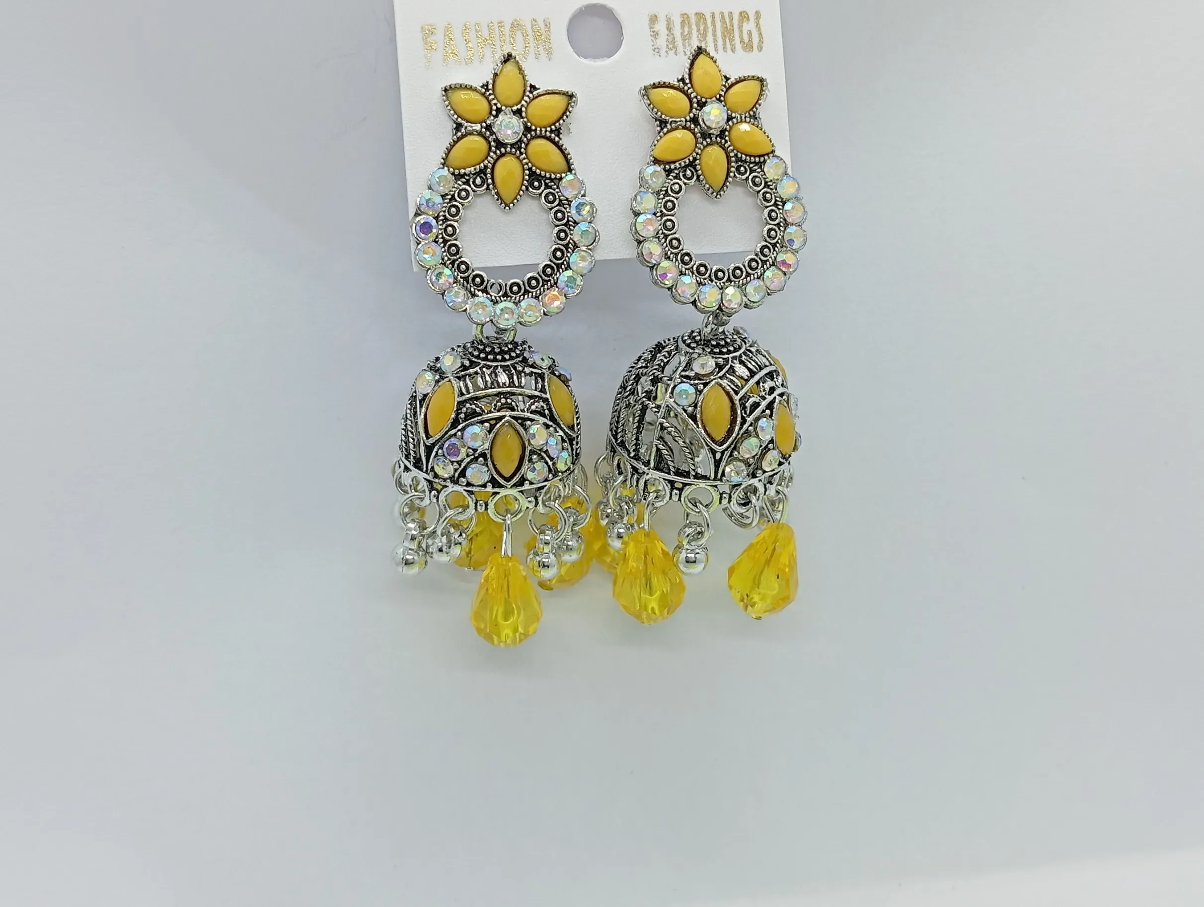 Yellow Floral Beaded Jhumka Earrings for Women – Silver Tone Finish