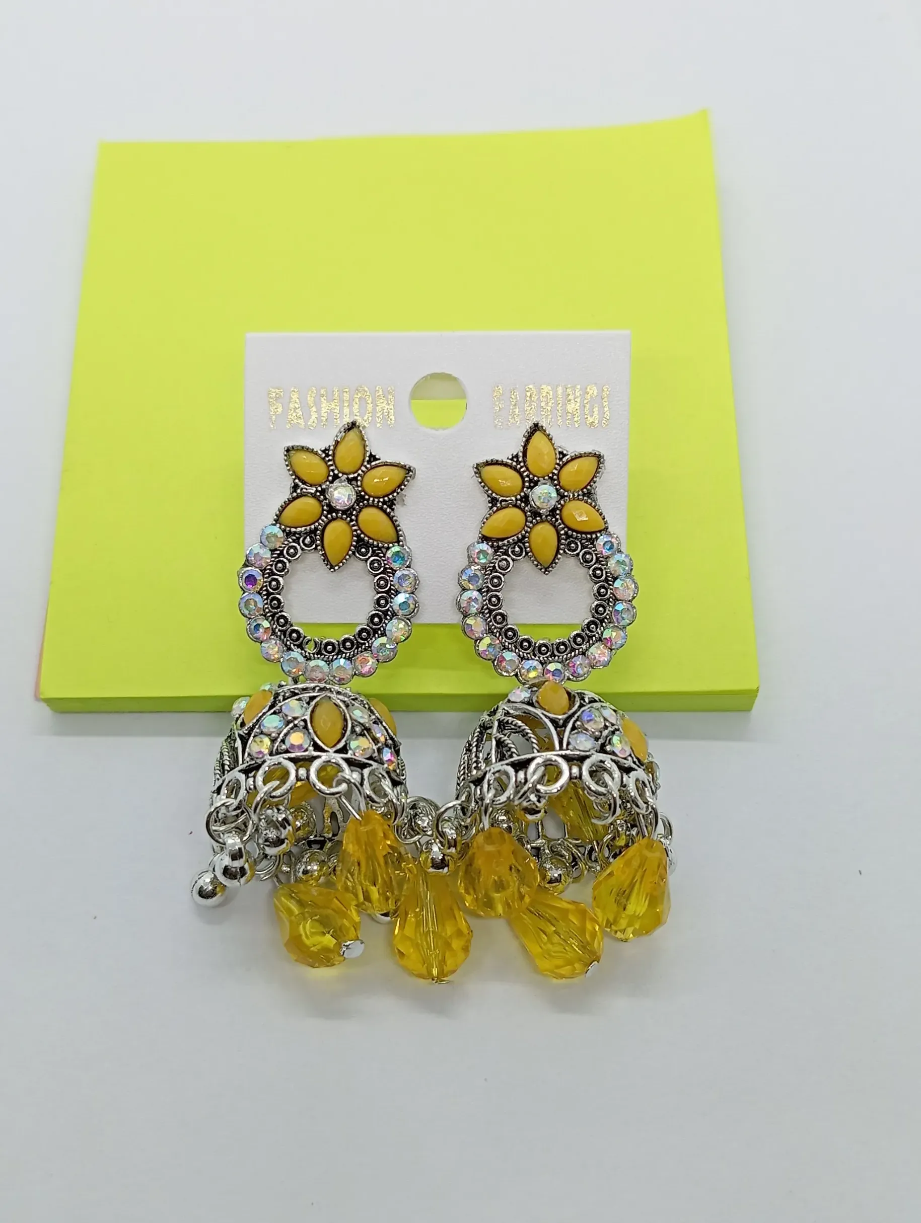 Yellow Floral Beaded Jhumka Earrings for Women – Silver Tone Finish