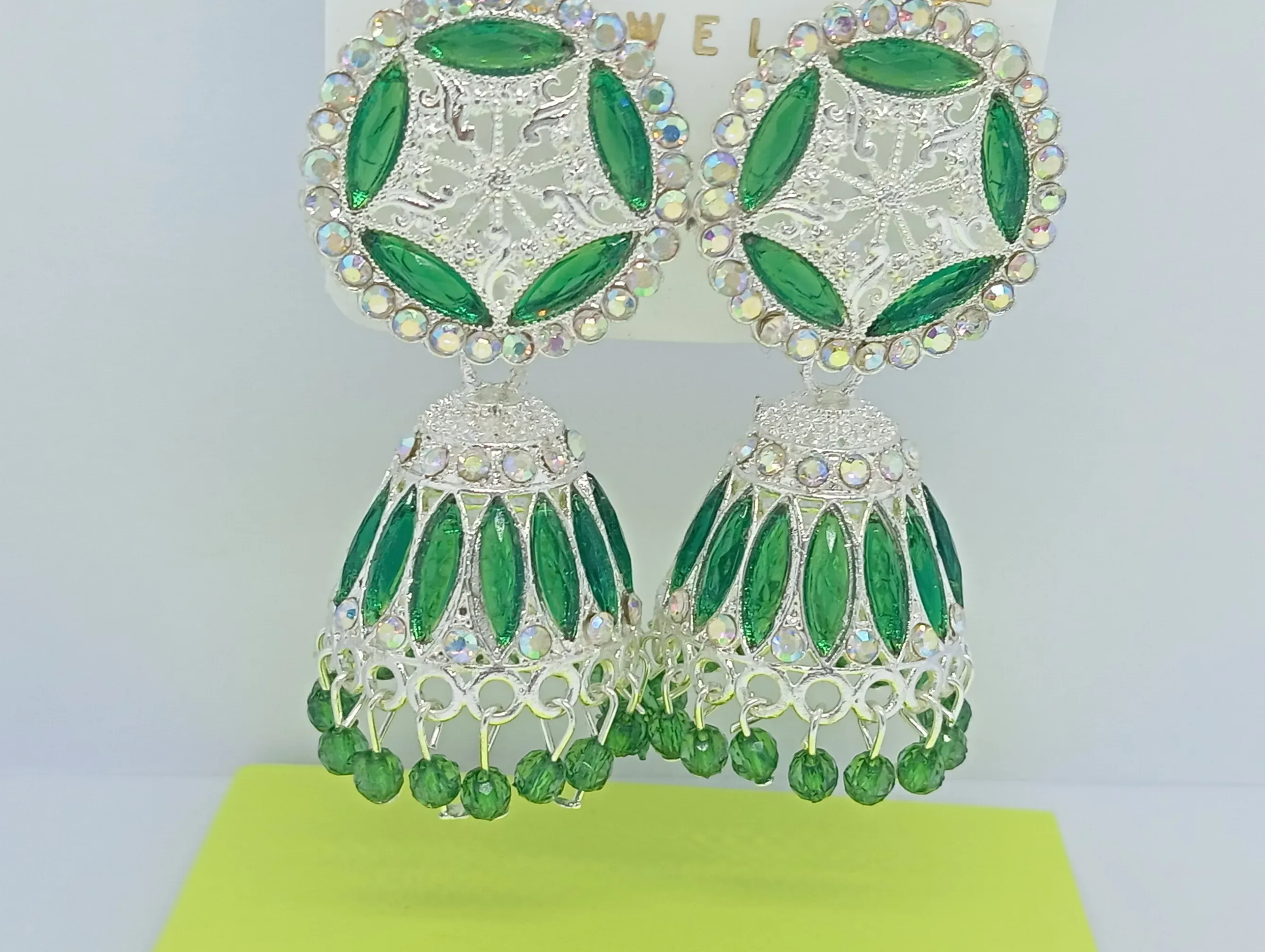 Silver-Plated Green Crystal Jhumka Earrings with Mirror Detailing
