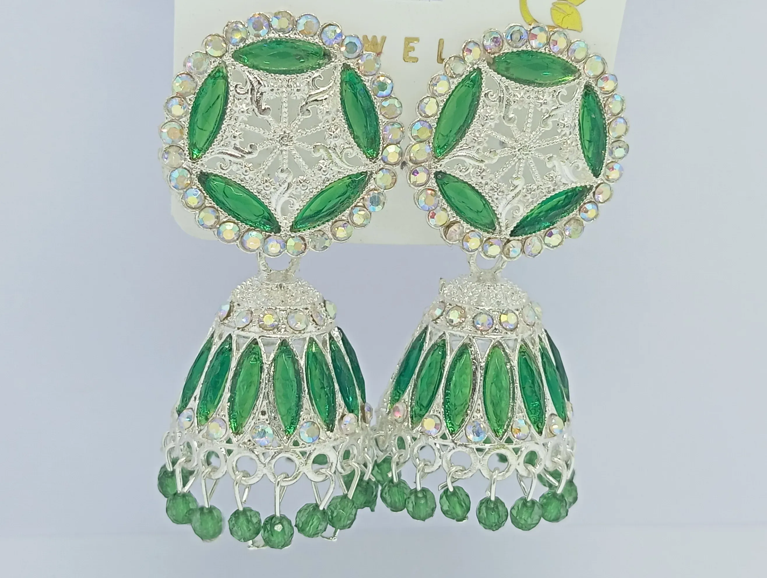 Silver-Plated Green Crystal Jhumka Earrings with Mirror Detailing