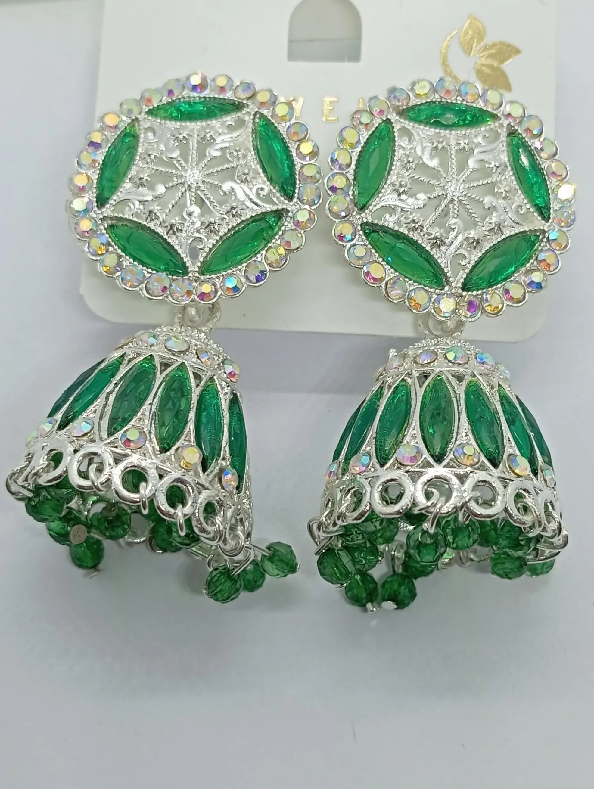 Silver-Plated Green Crystal Jhumka Earrings with Mirror Detailing