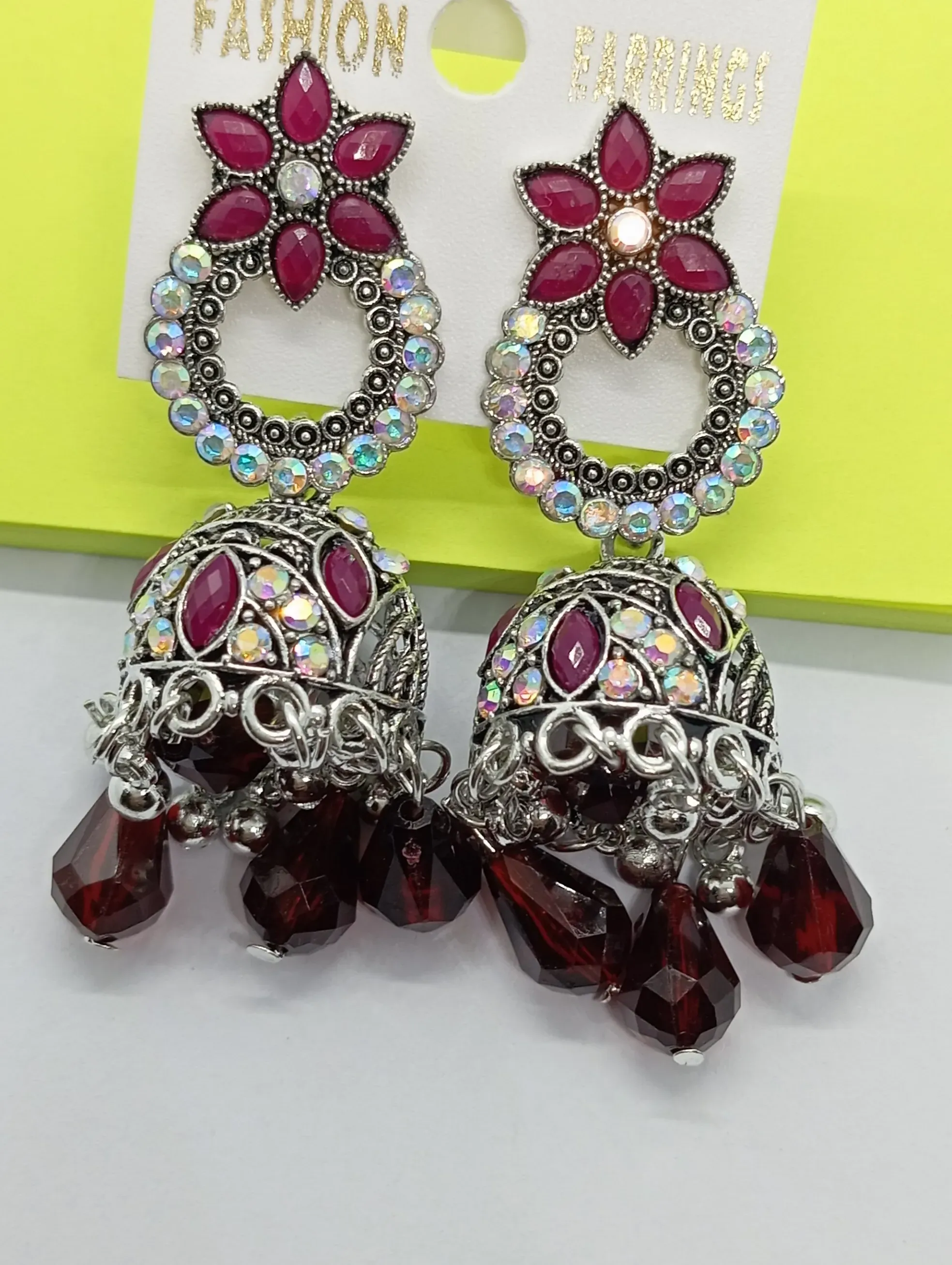 Maroon Oxidized Silver Jhumka Earrings with Crystal Detailing