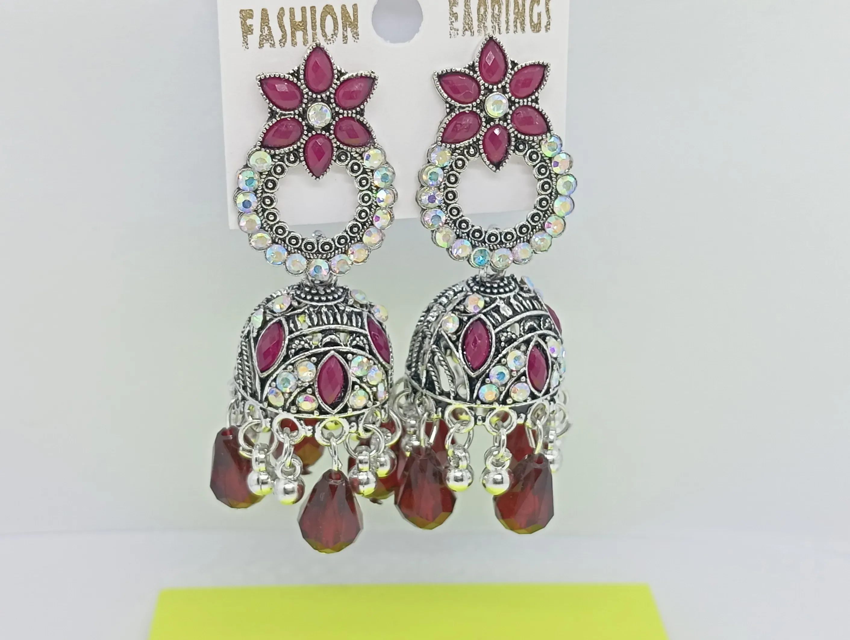 Maroon Oxidized Silver Jhumka Earrings with Crystal Detailing