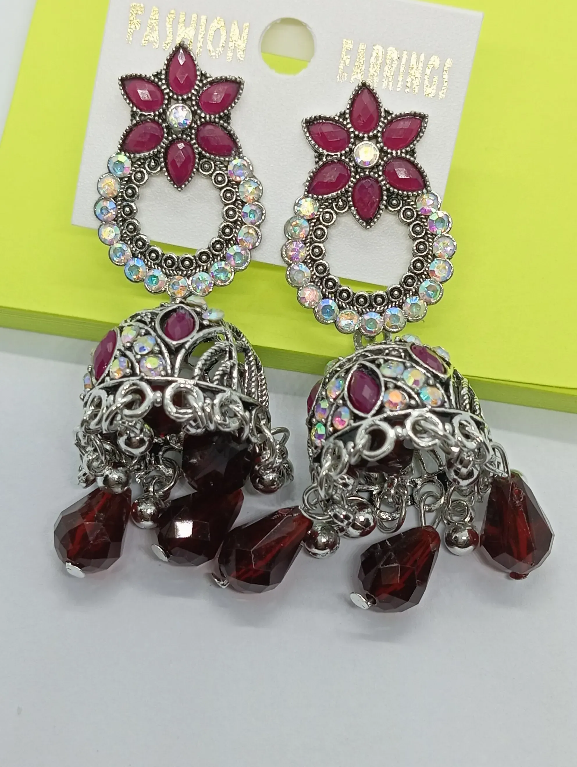 Maroon Oxidized Silver Jhumka Earrings with Crystal Detailing