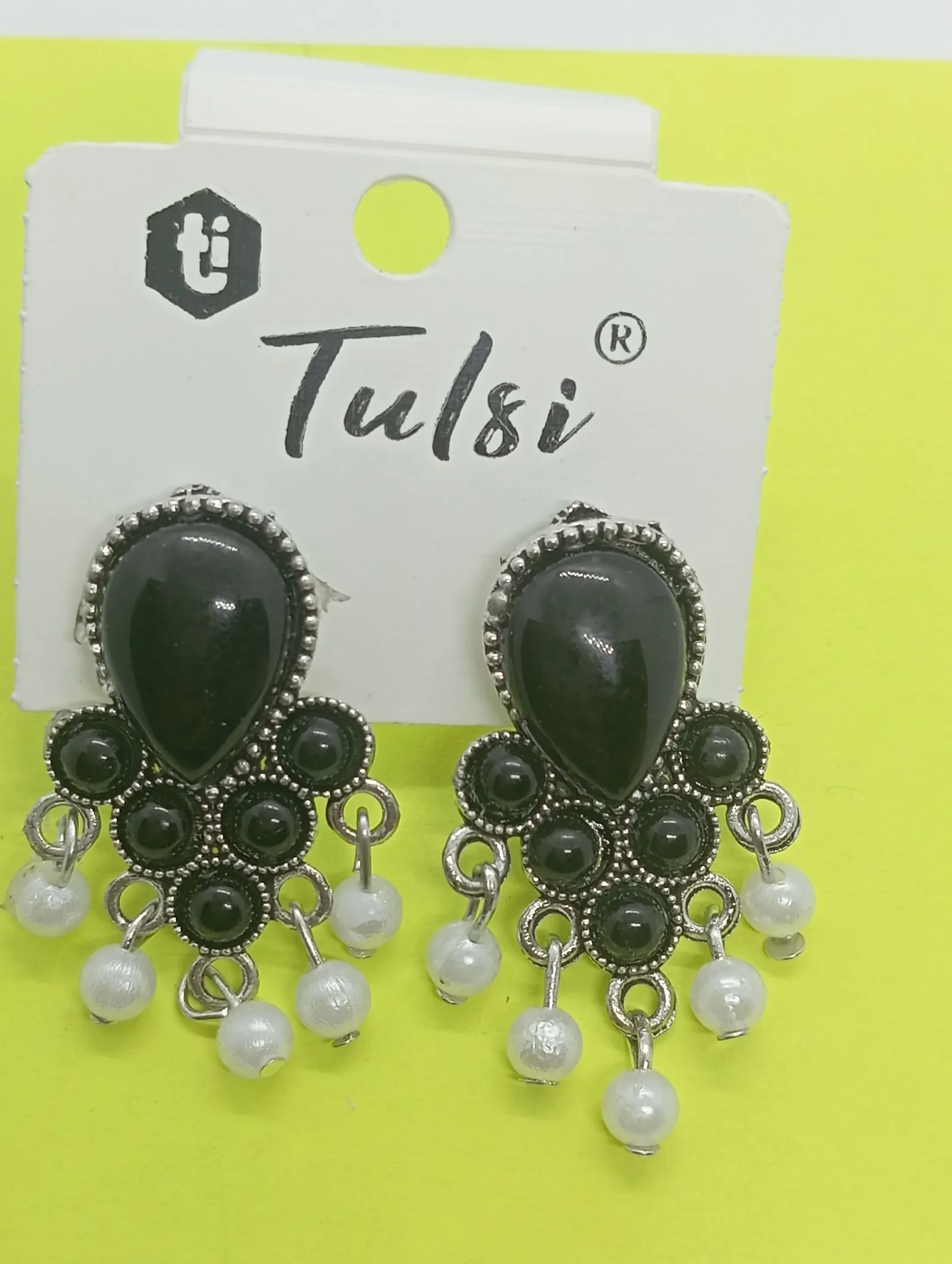 Black Oxidized Stud Earrings with White Pearl Drops
