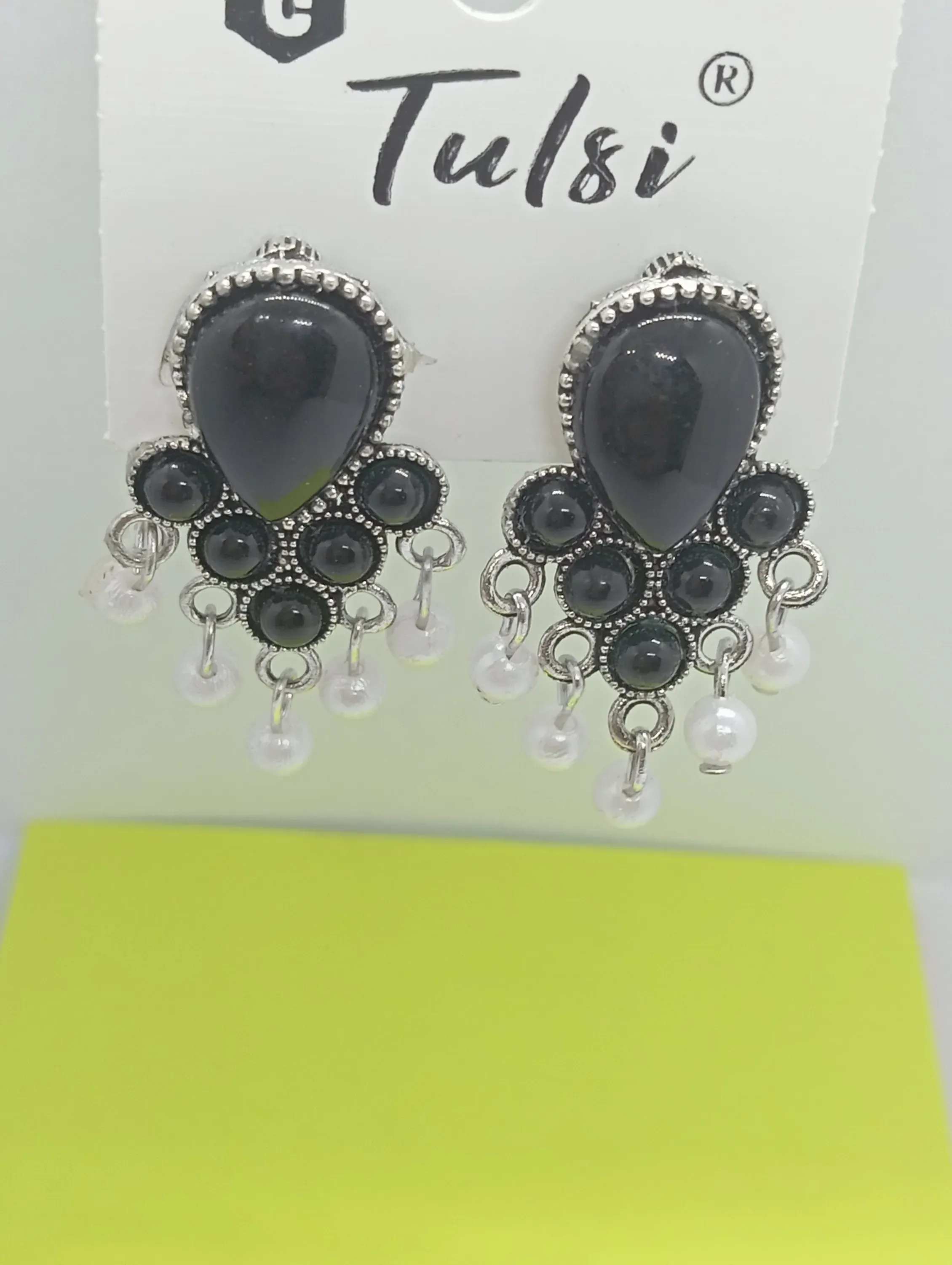 Black Oxidized Stud Earrings with White Pearl Drops