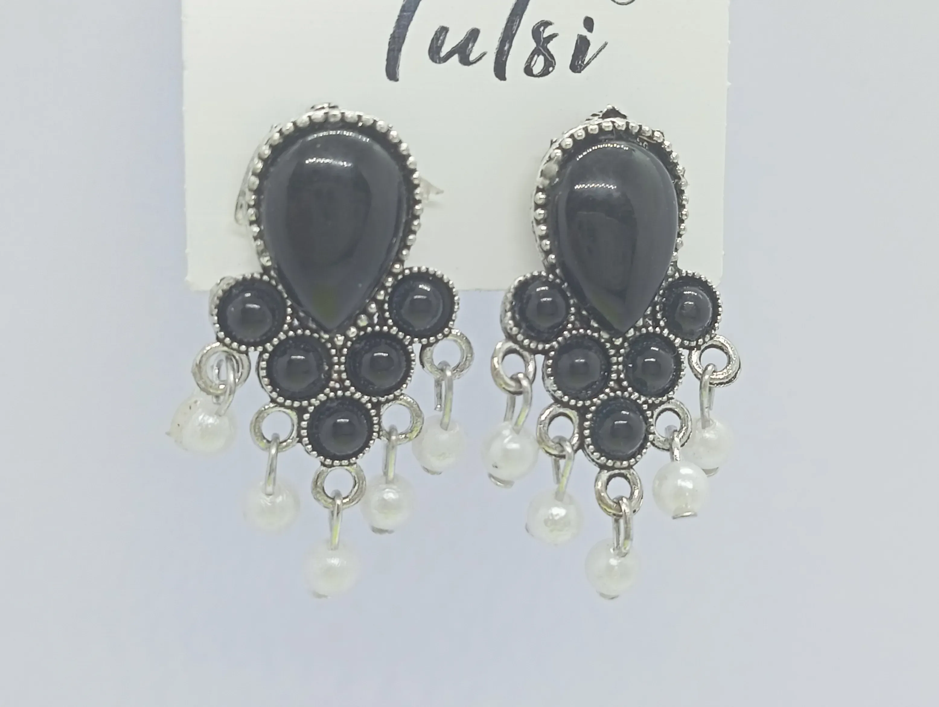Black Oxidized Stud Earrings with White Pearl Drops