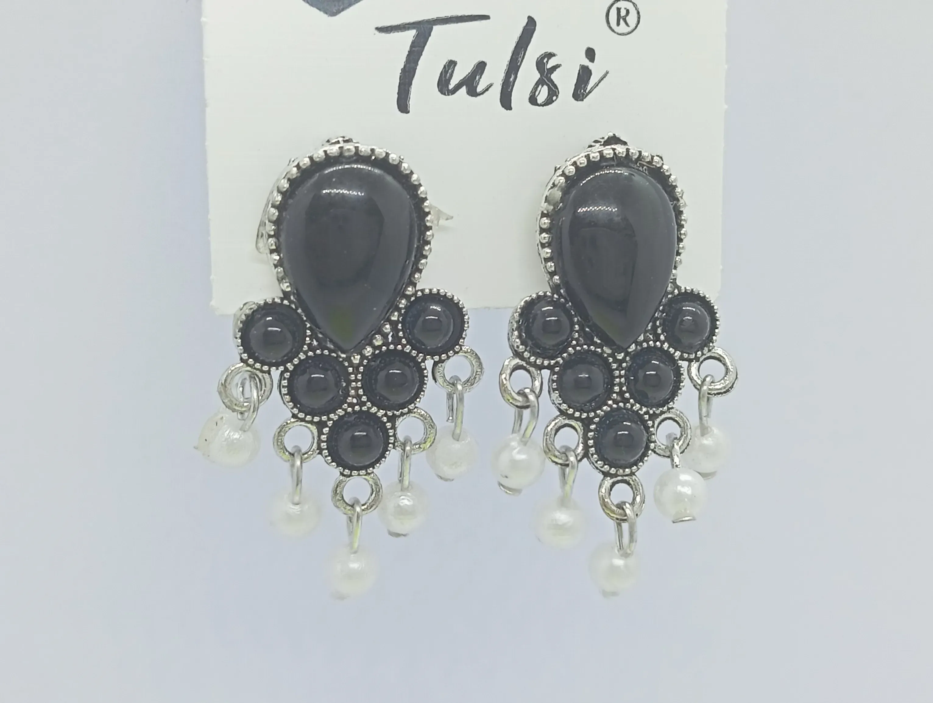 Black Oxidized Stud Earrings with White Pearl Drops