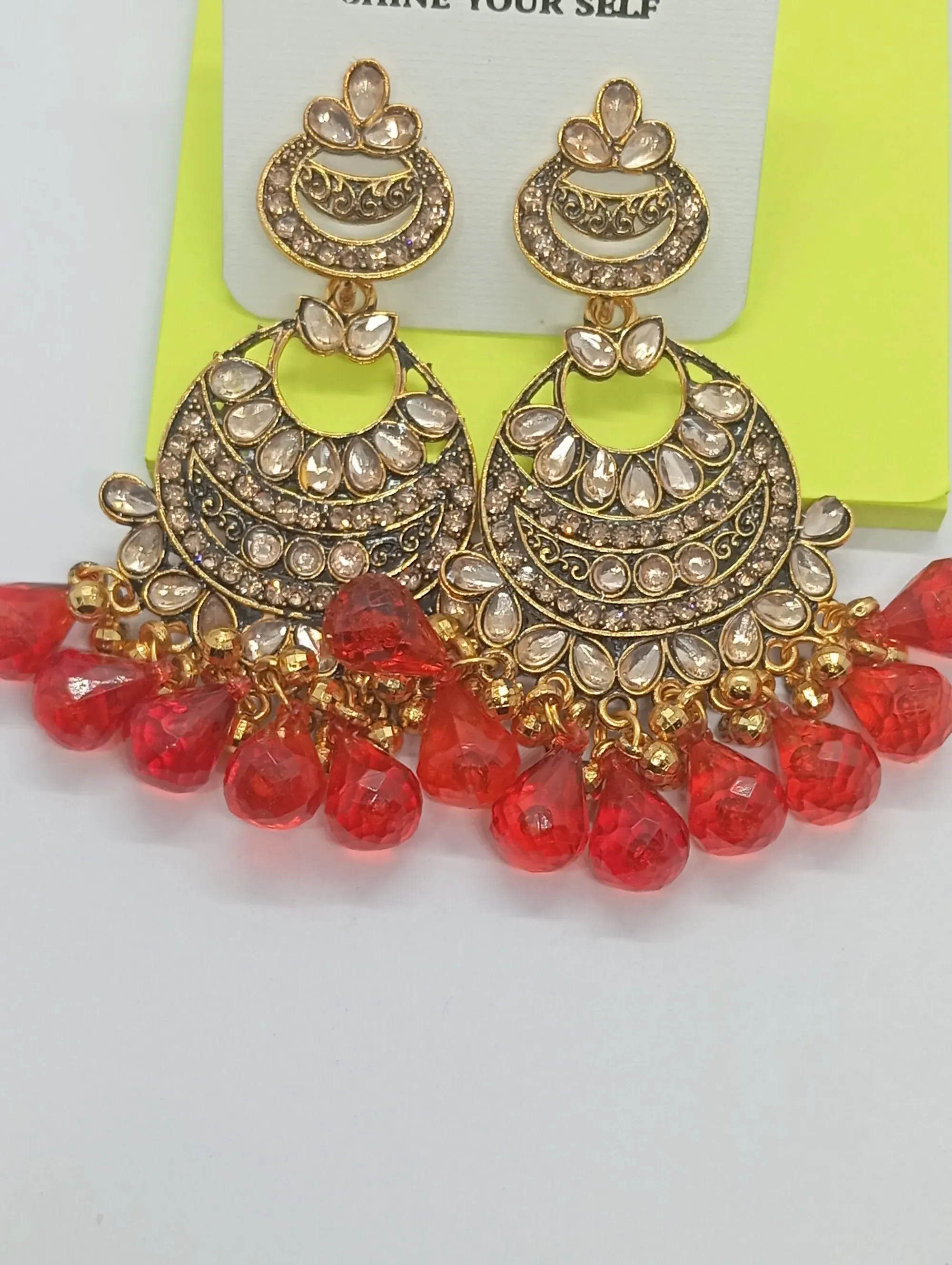 Traditional Gold-Toned Chandbali Earrings with Red Beads