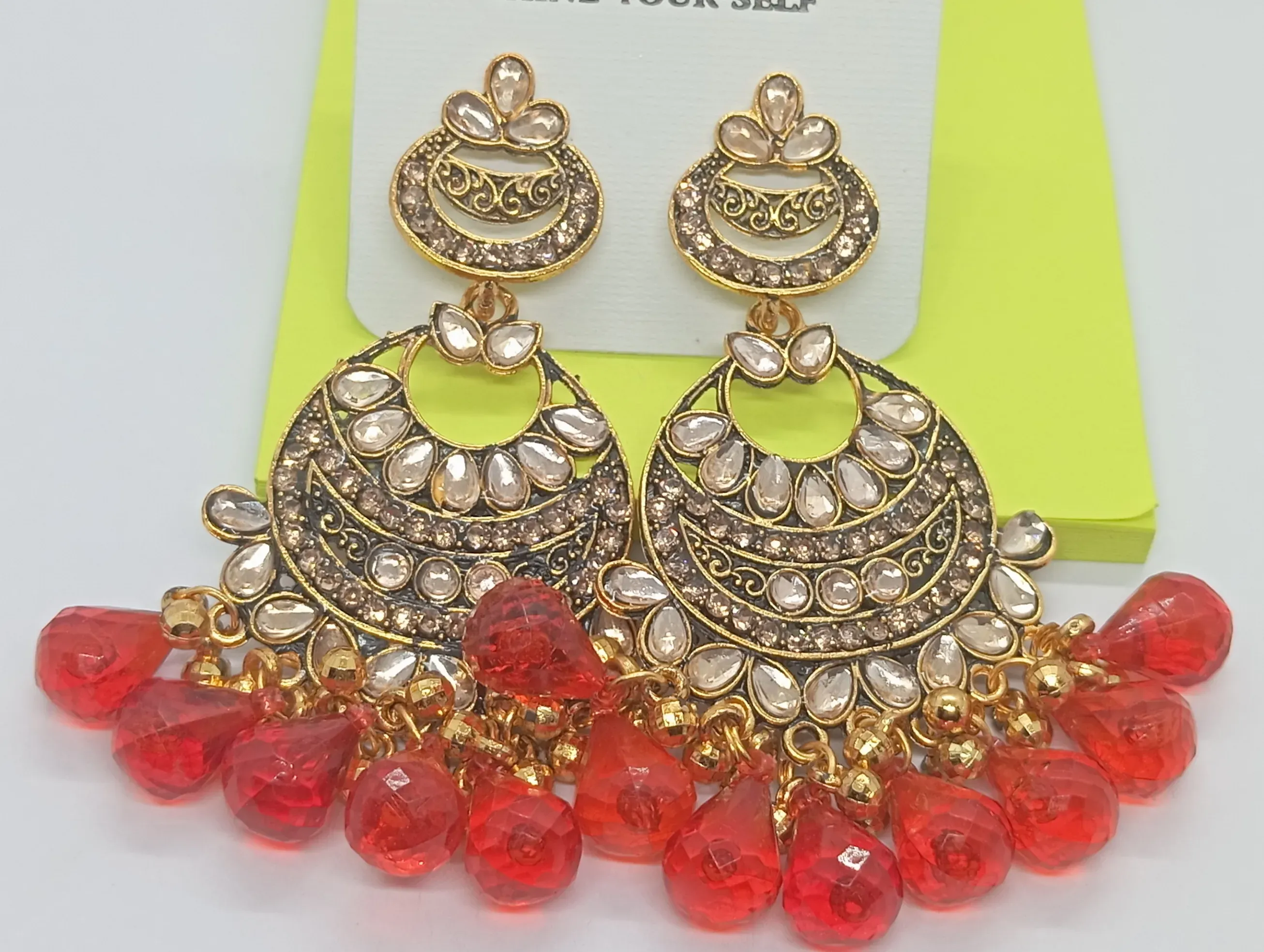 Traditional Gold-Toned Chandbali Earrings with Red Beads