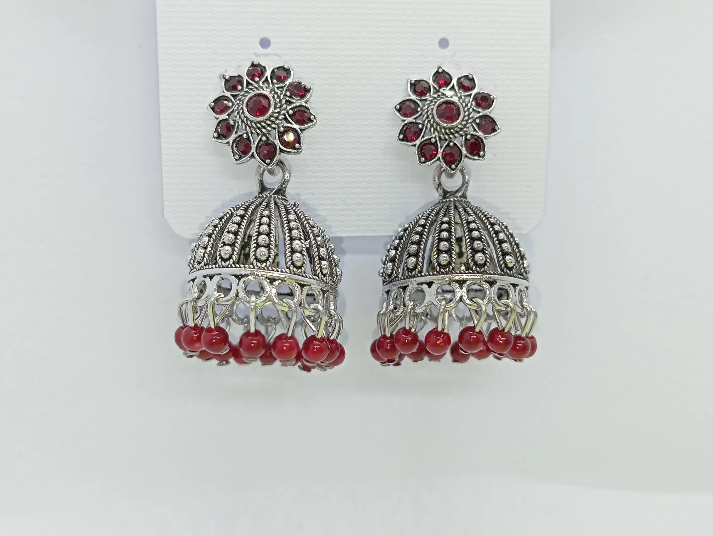 Oxidized Silver Red Stone Jhumka Earrings for Women & Girls