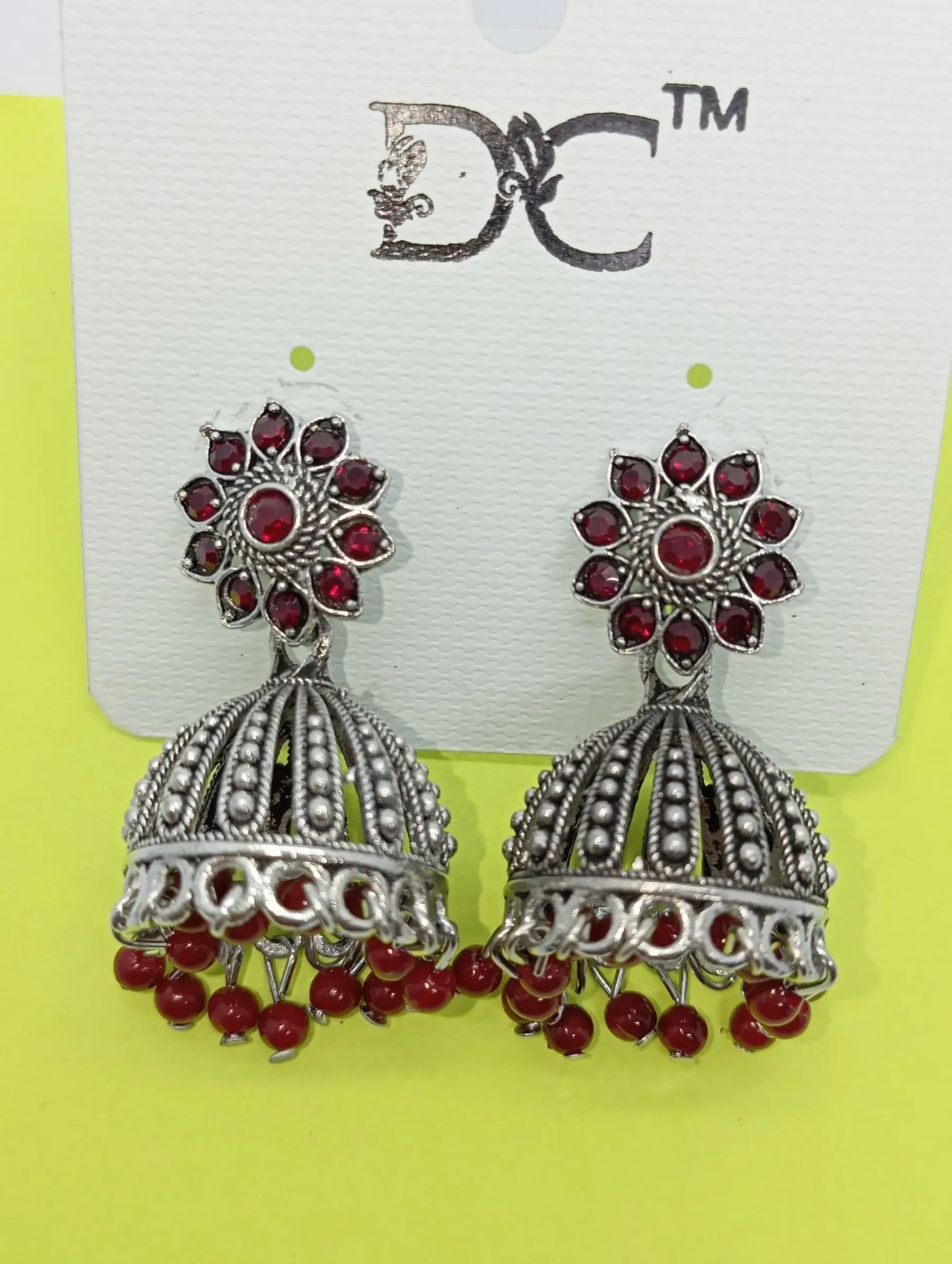 Oxidized Silver Red Stone Jhumka Earrings for Women & Girls