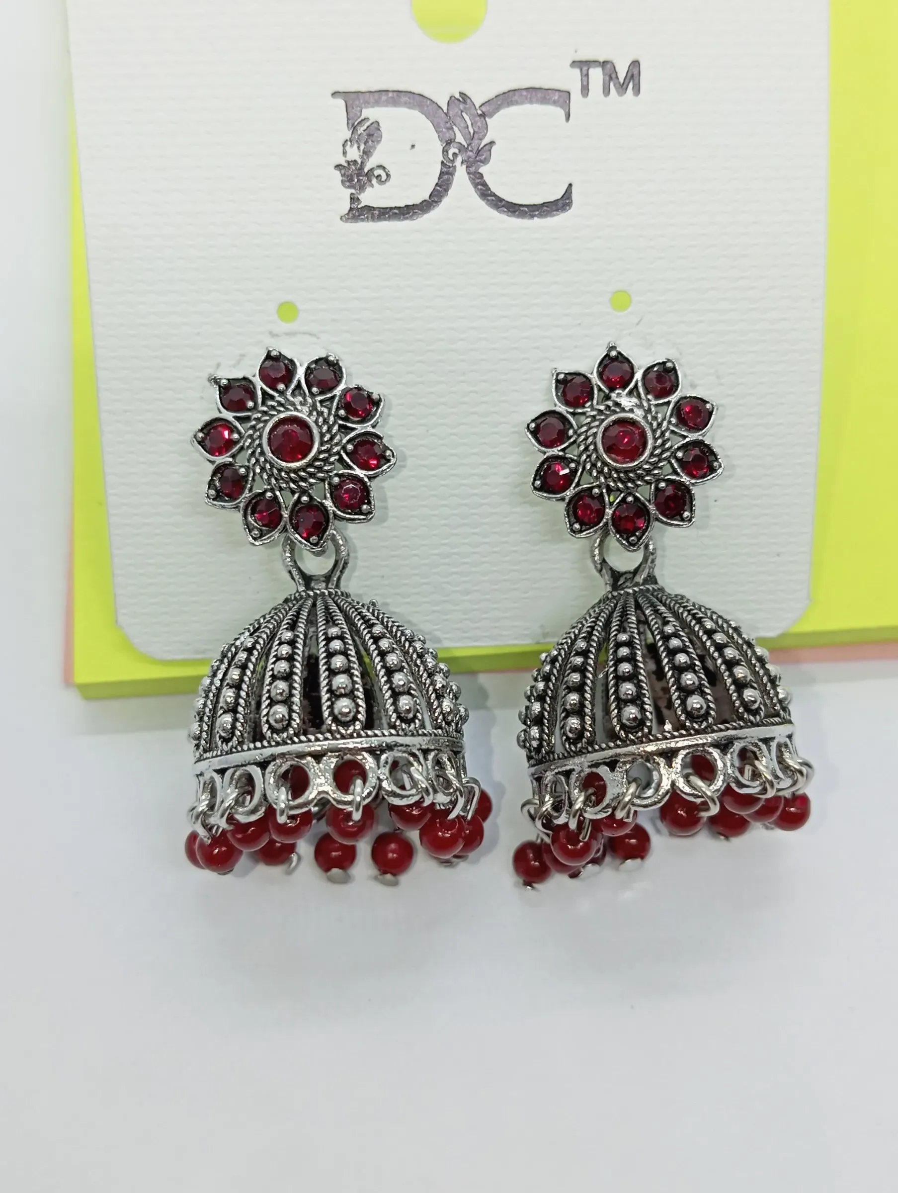 Oxidized Silver Red Stone Jhumka Earrings for Women & Girls