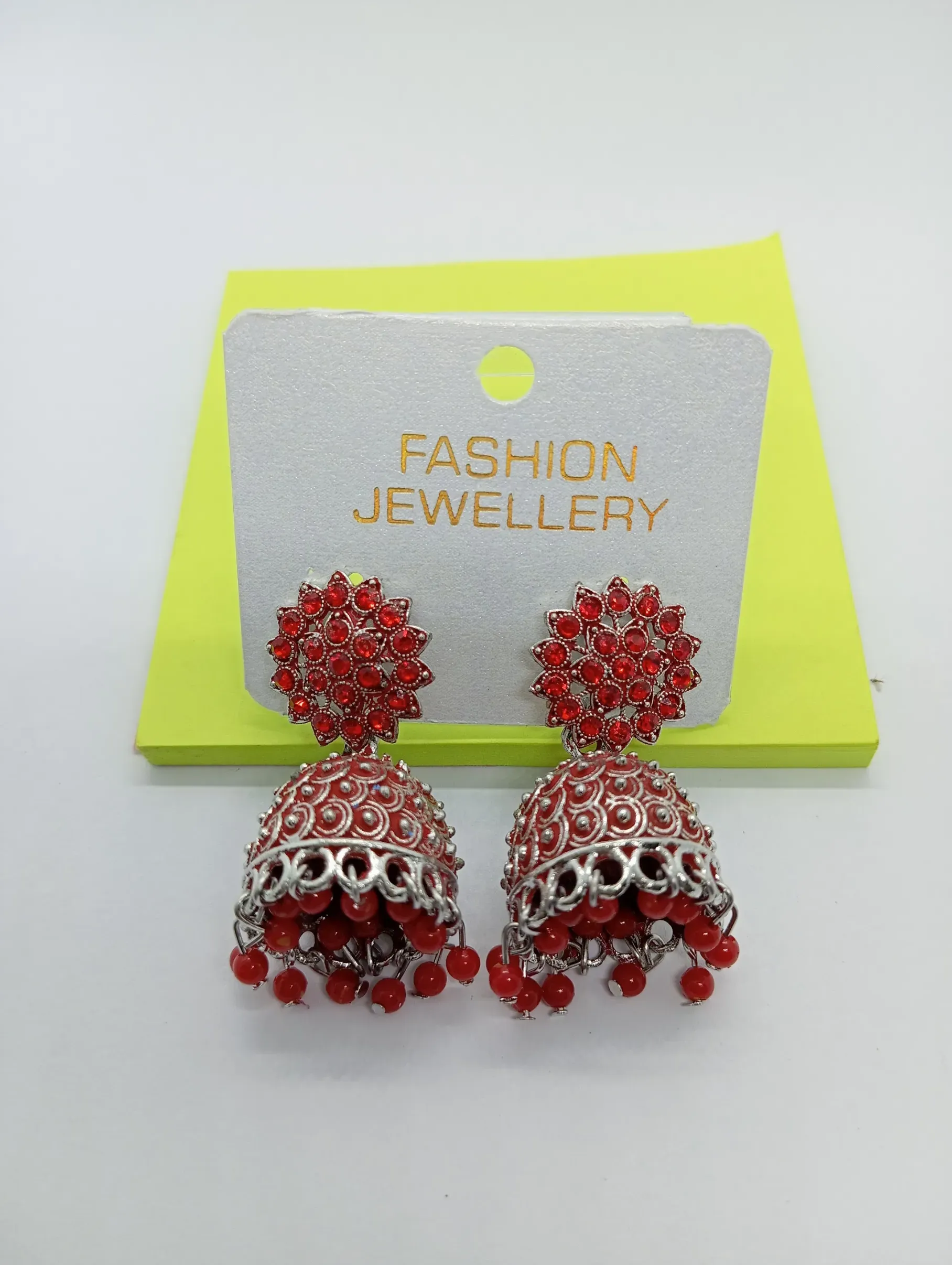 Red Dome Jhumka Earrings with Floral Stud Design