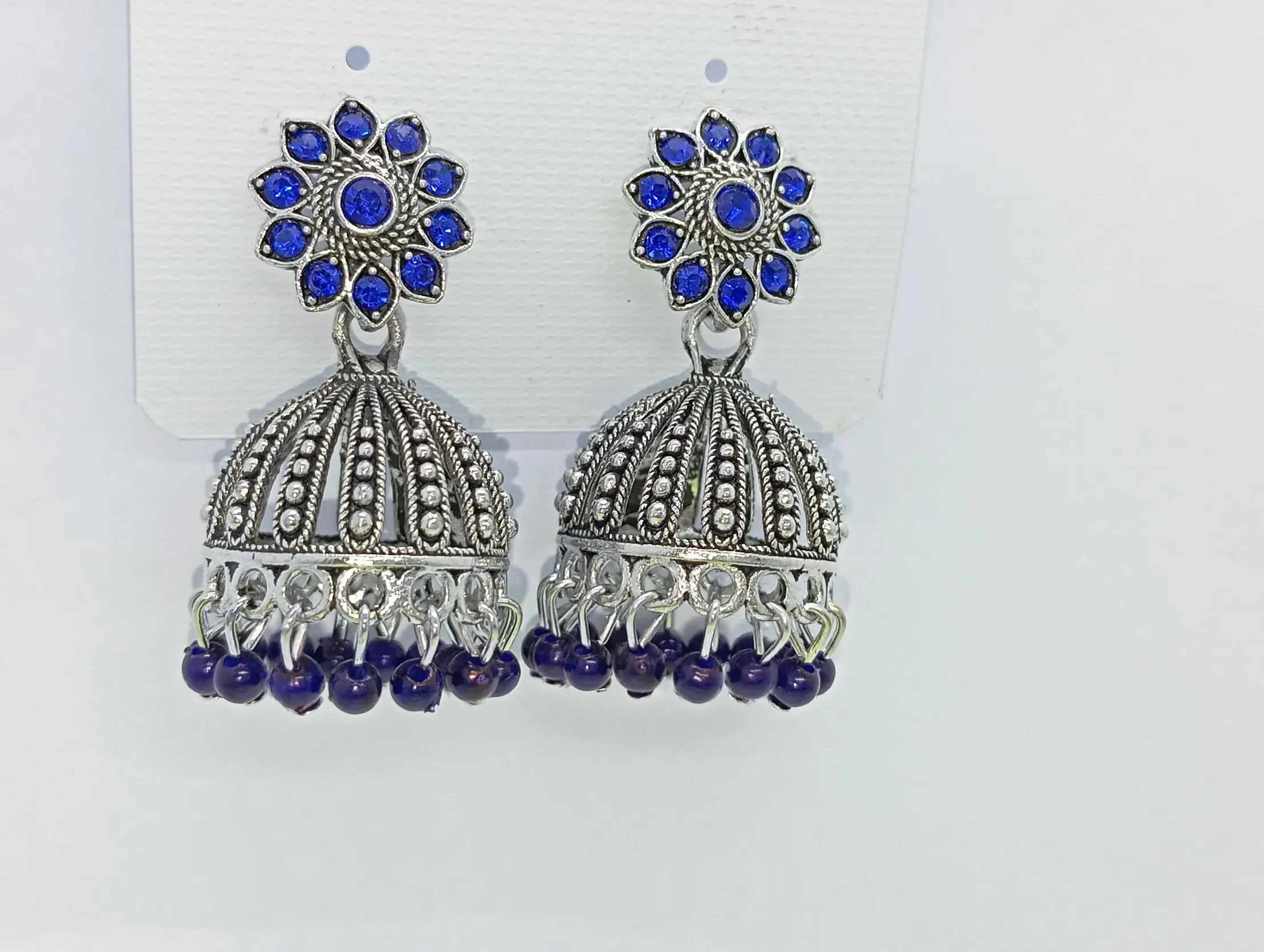 Oxidized Silver Blue Stone Jhumka Earrings with Beaded Hangings