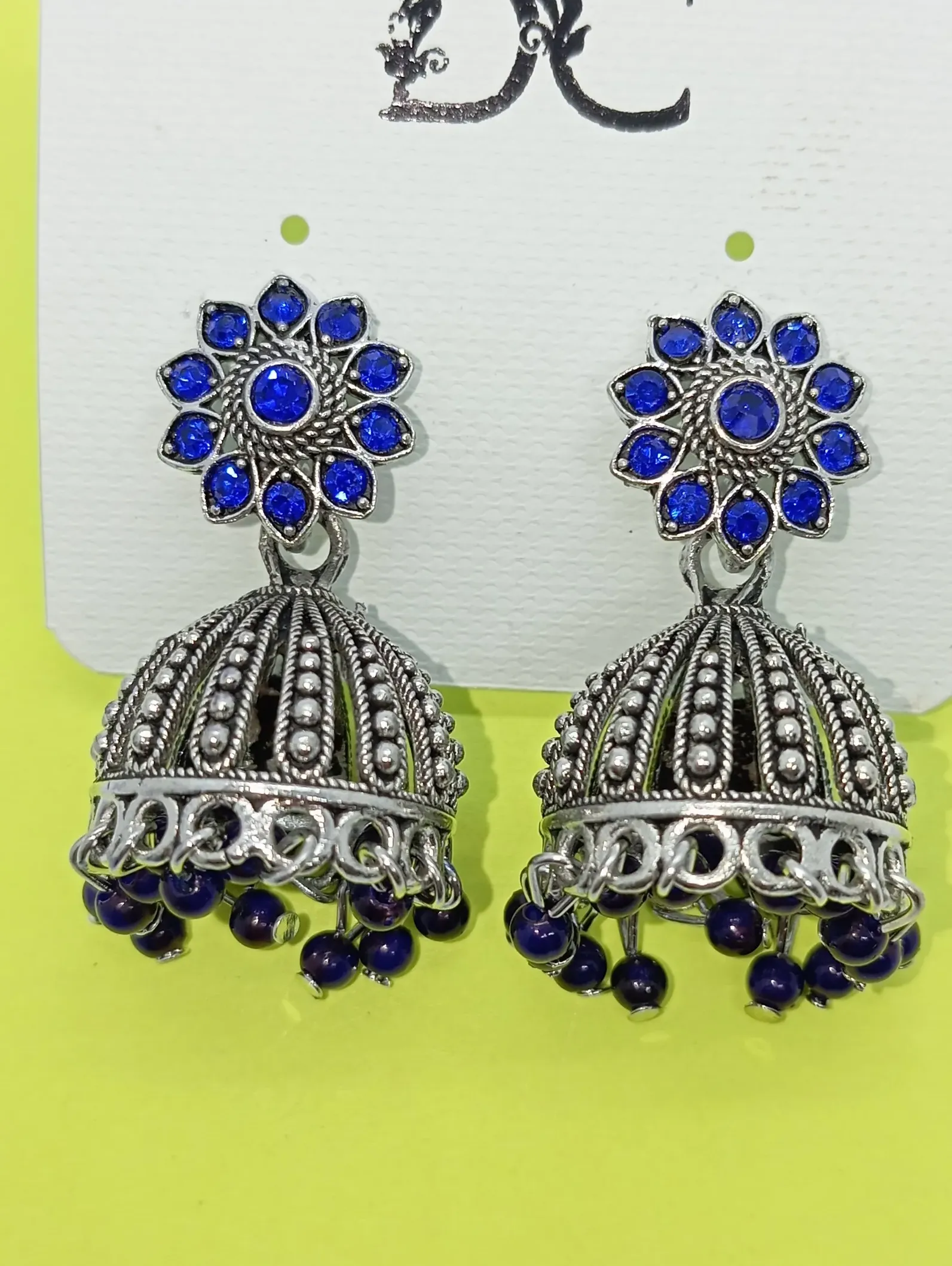 Oxidized Silver Blue Stone Jhumka Earrings with Beaded Hangings
