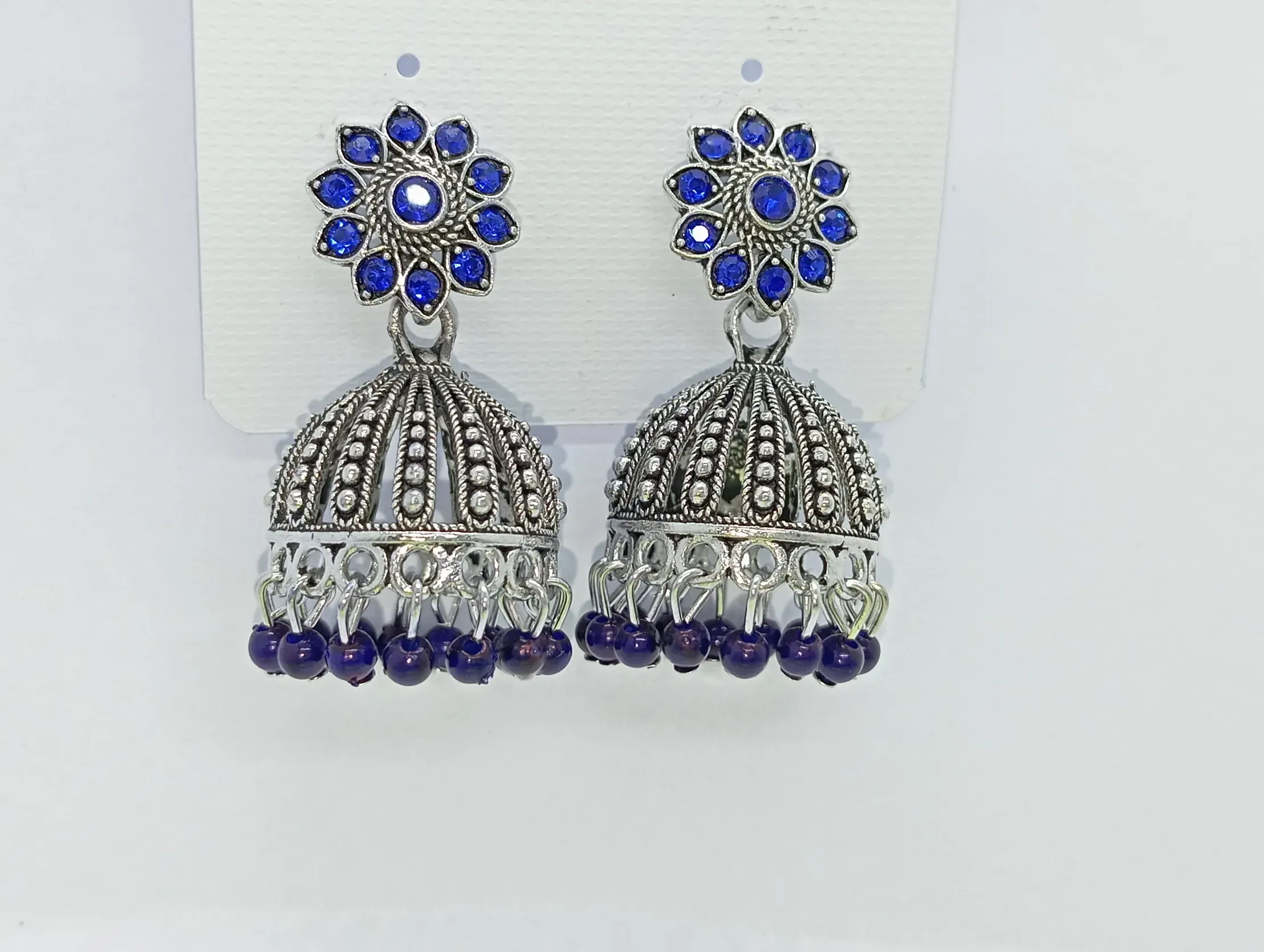 Oxidized Silver Blue Stone Jhumka Earrings with Beaded Hangings