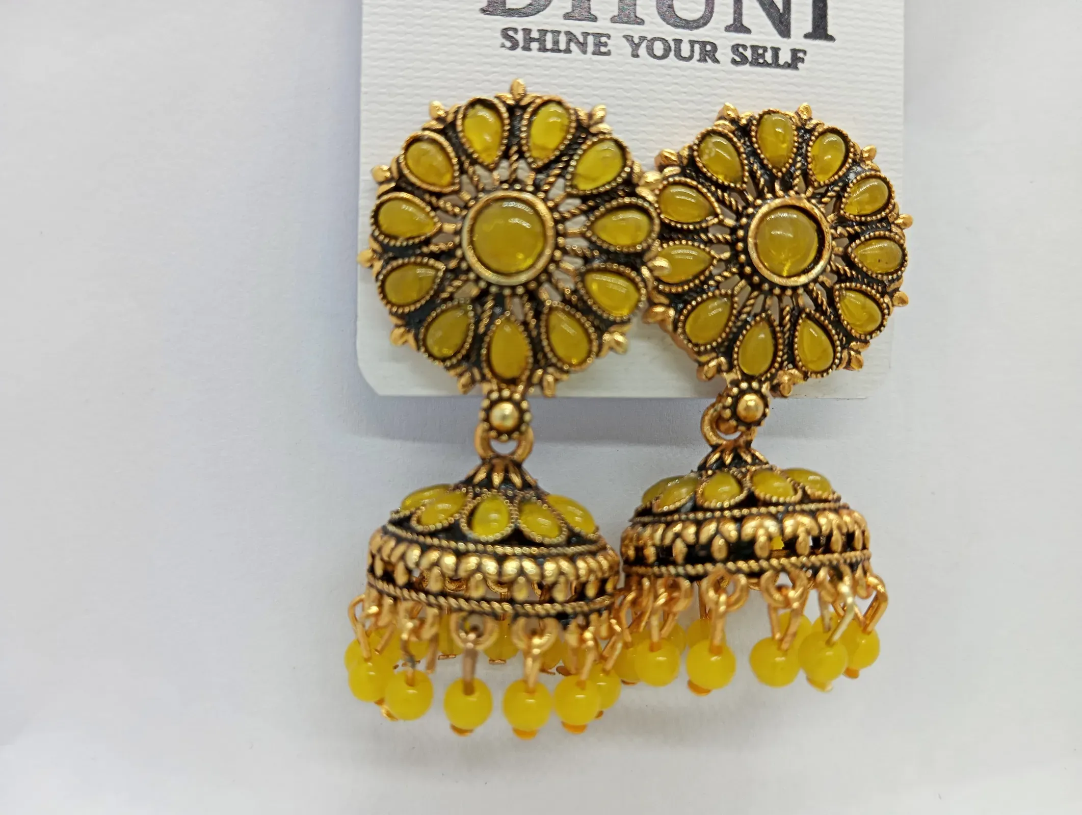 Yellow Beaded Jhumka Earrings