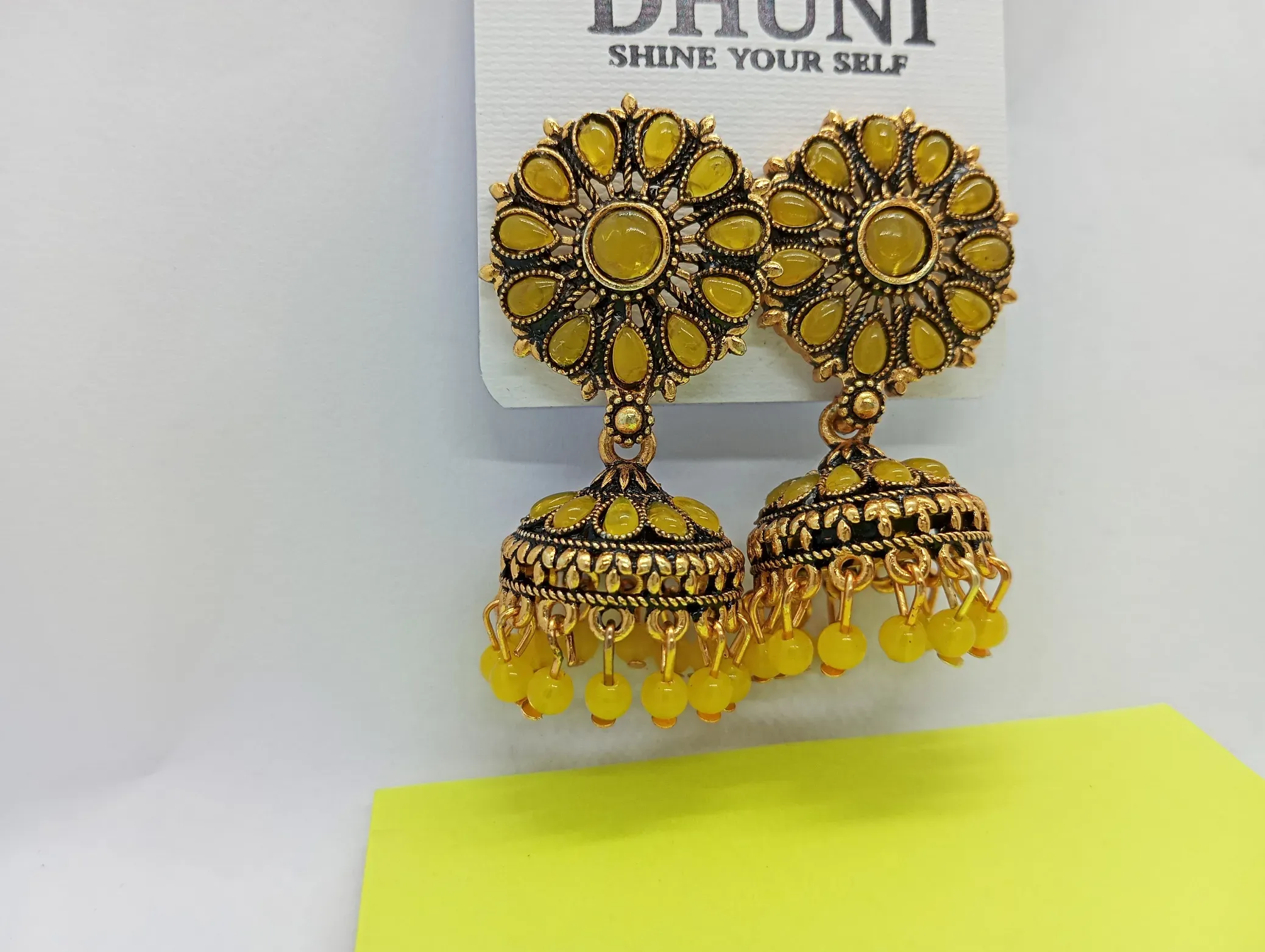 Yellow Beaded Jhumka Earrings