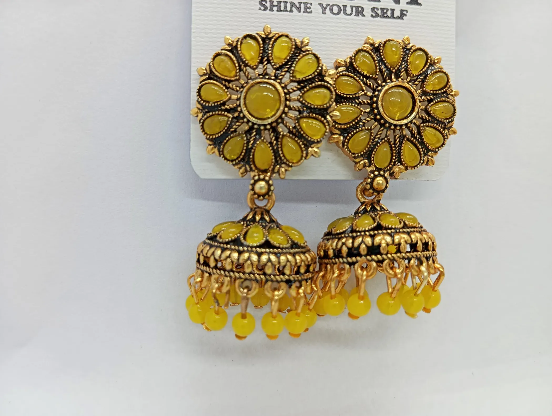 Yellow Beaded Jhumka Earrings
