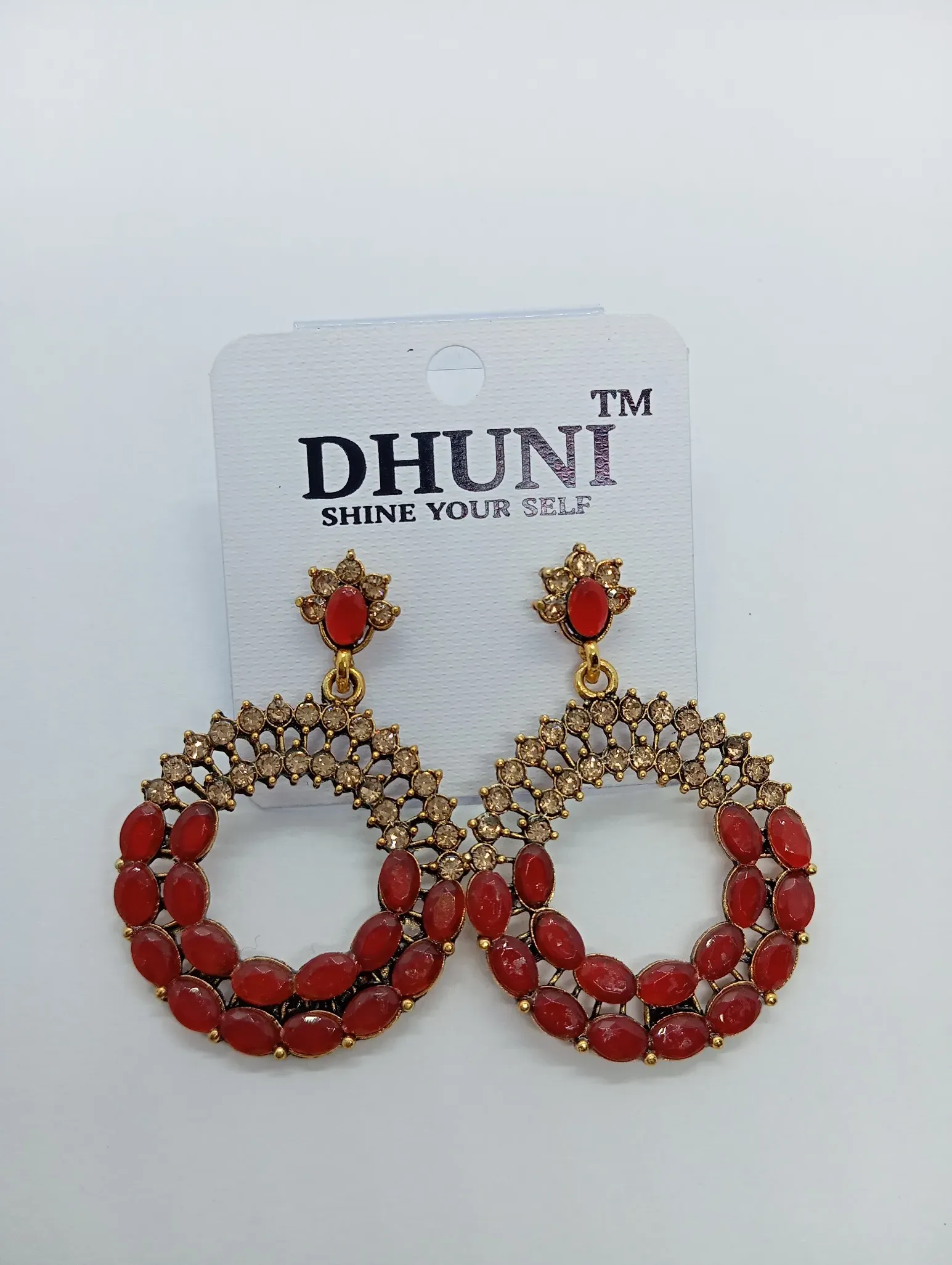 Red Stone Studded Hoop Earrings
