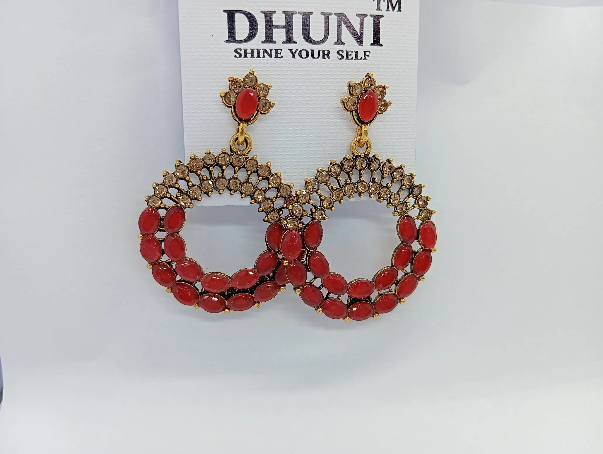 Red Stone Studded Hoop Earrings