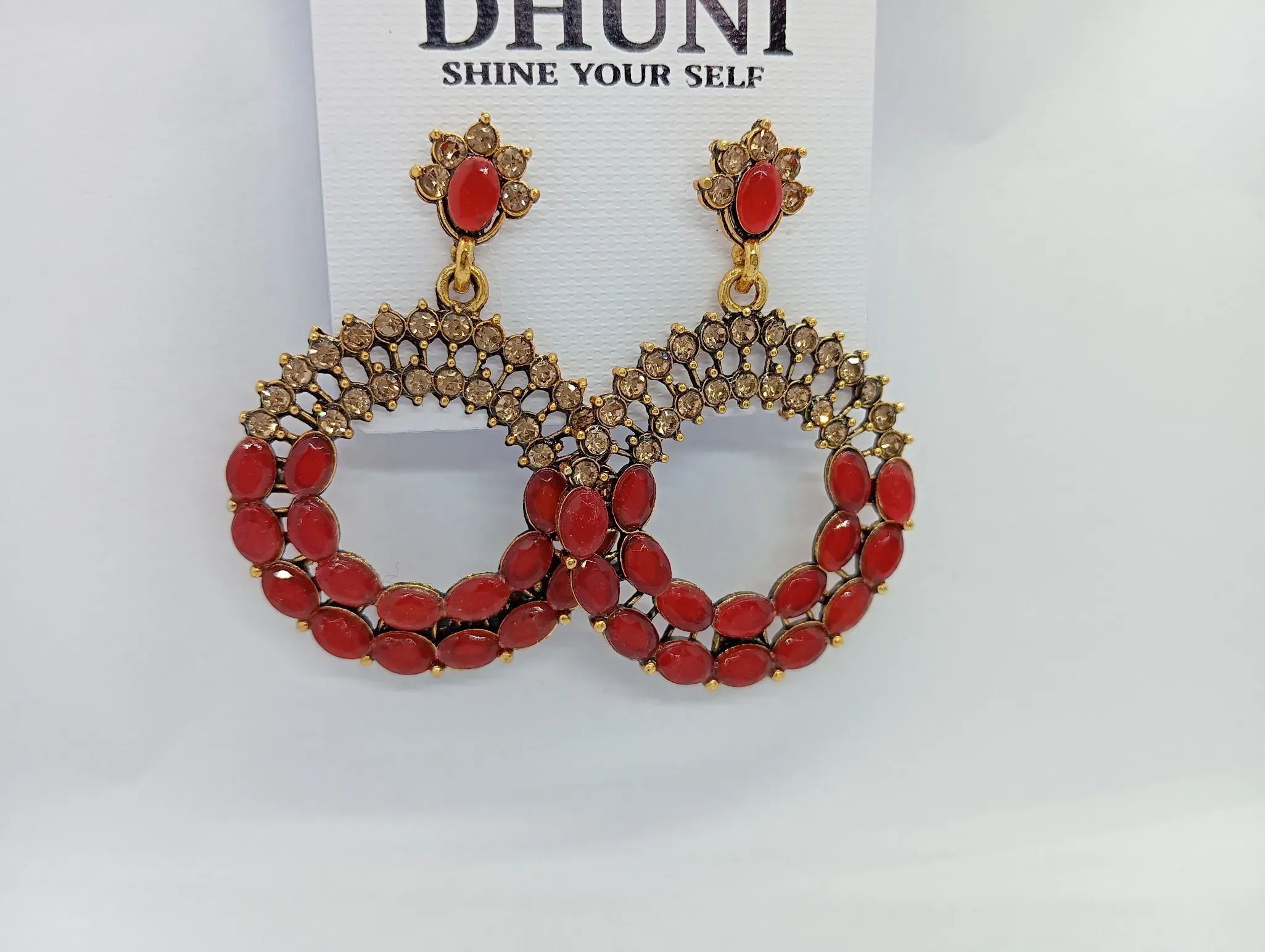 Red Stone Studded Hoop Earrings