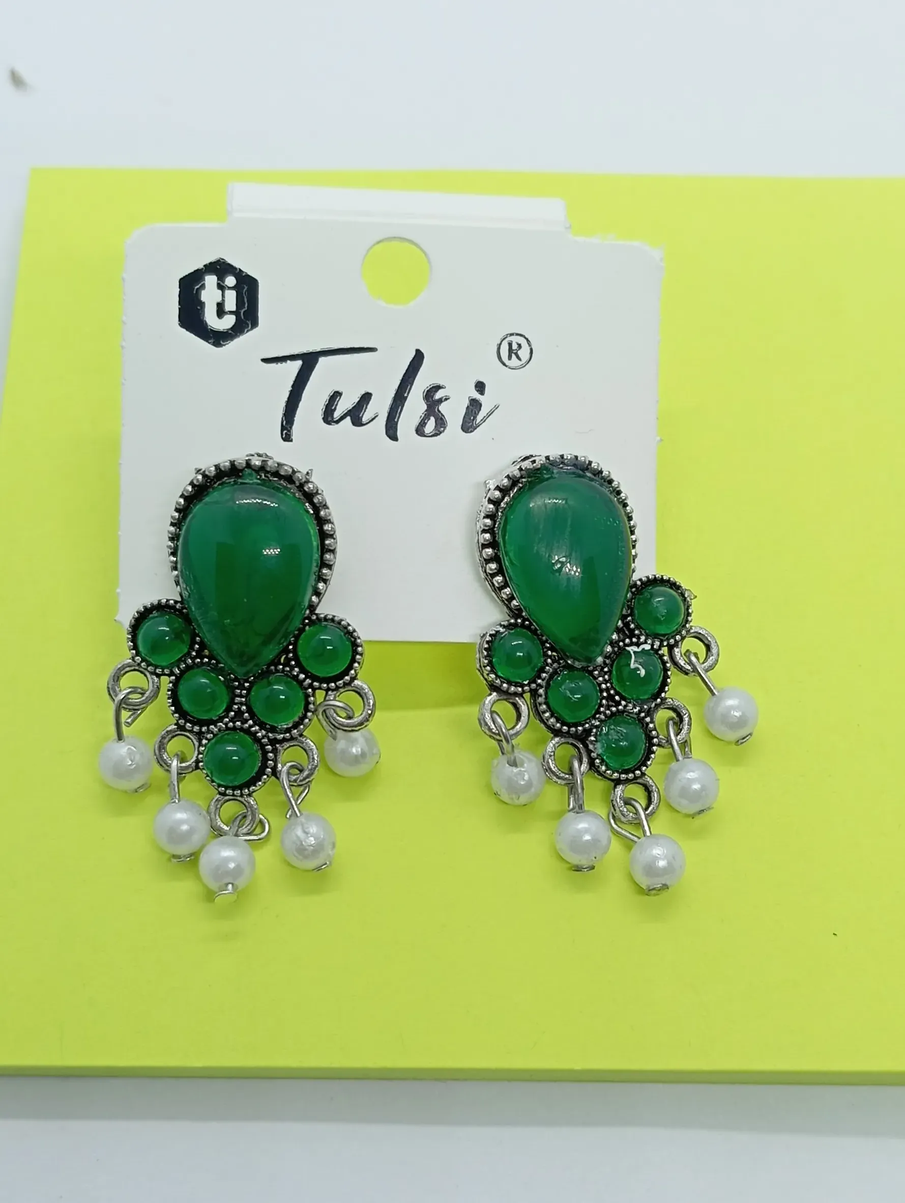 Tulsi Green Stone Jhumka Earrings