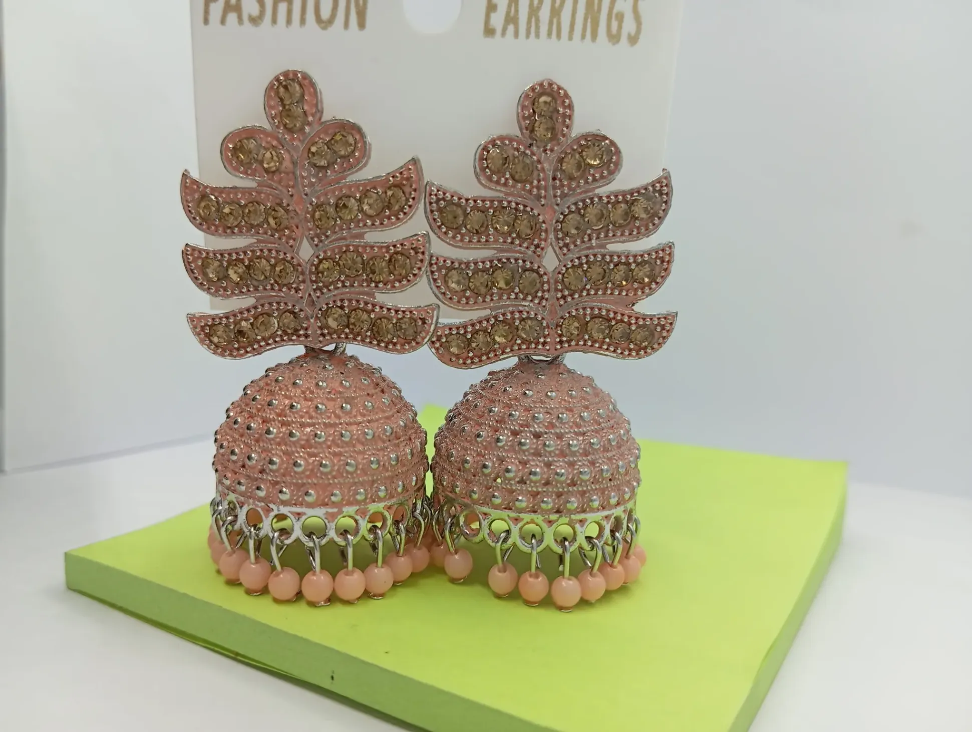 Leaf Top Pink Dome Jhumka Earrings with Stone Detailing