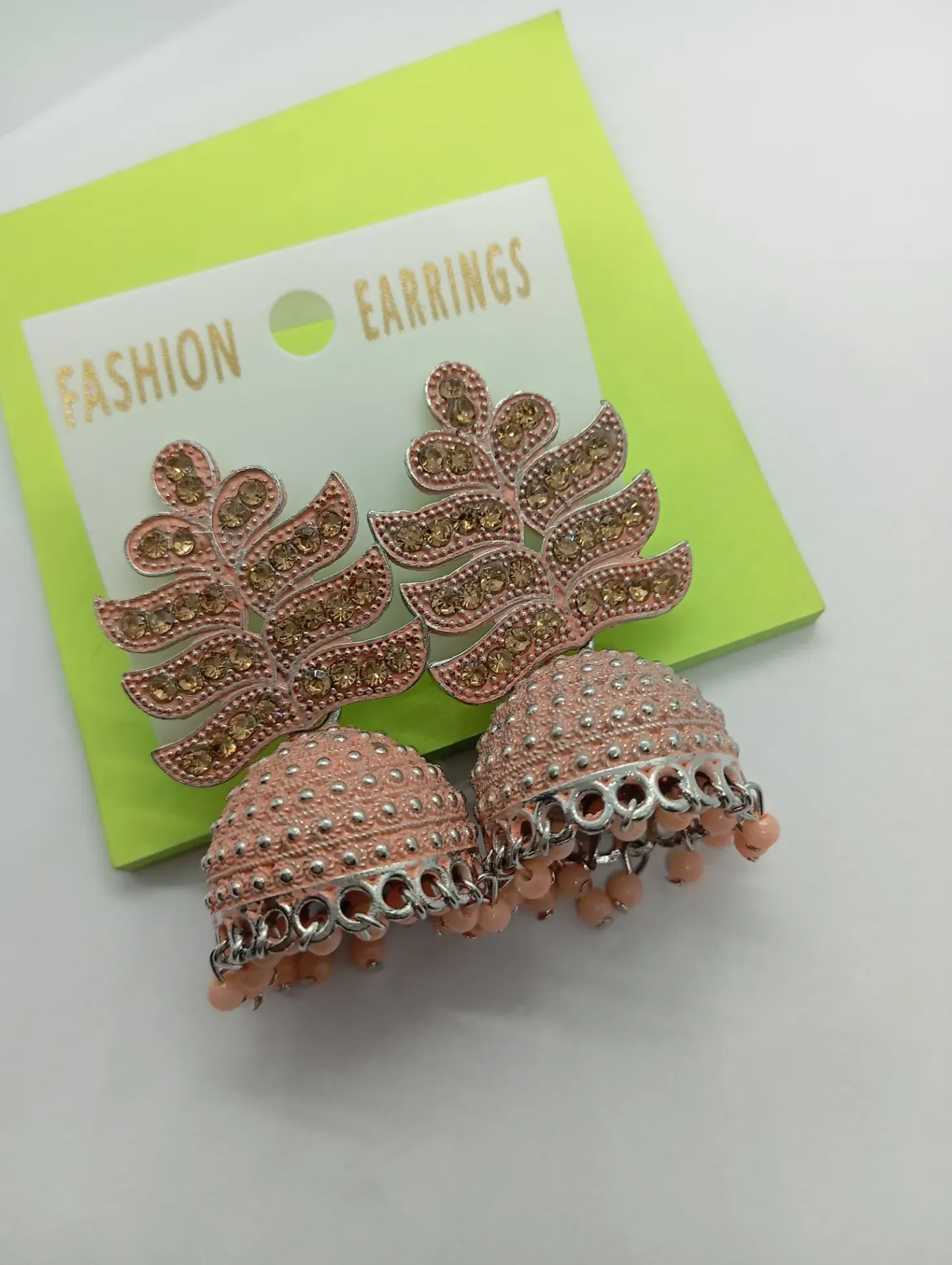 Leaf Top Pink Dome Jhumka Earrings with Stone Detailing