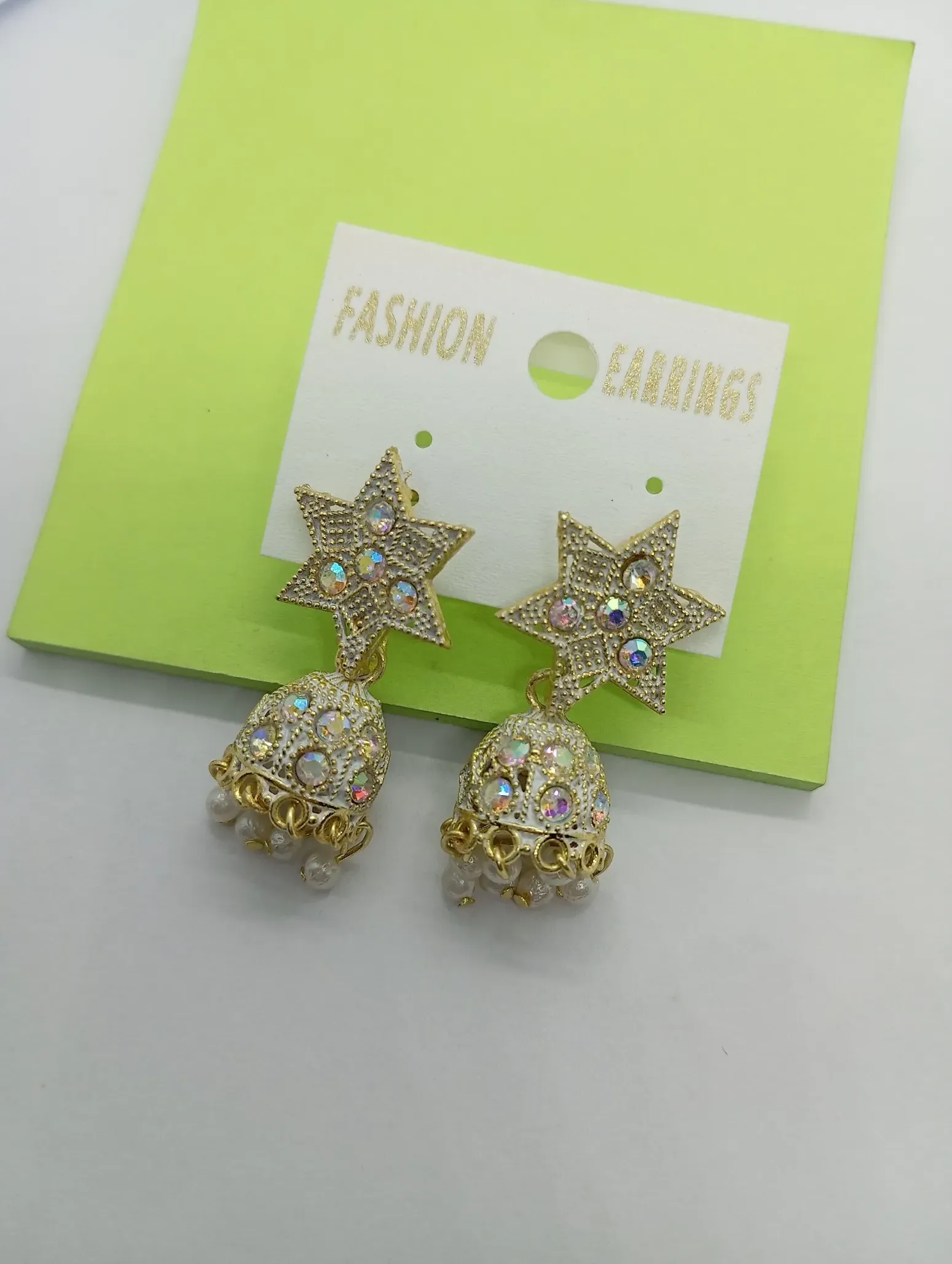 Golden Star Top Jhumka Earrings with White Pearl Drops