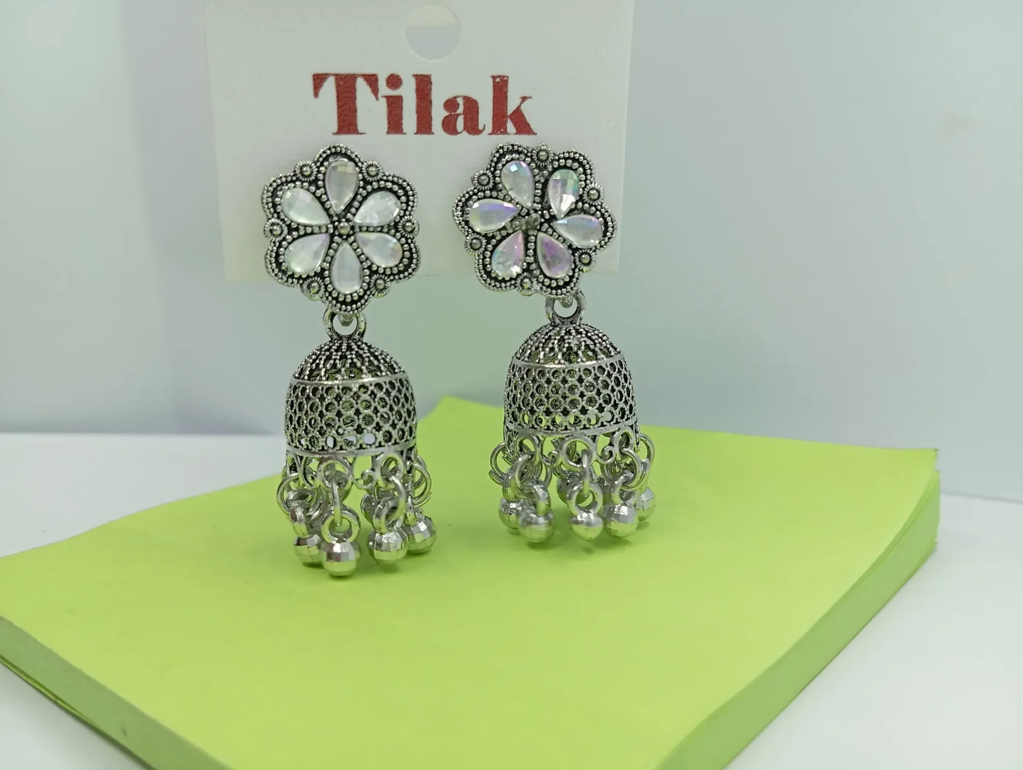 Oxidized Silver Floral Jhumka Earrings with Ghungroo Drops