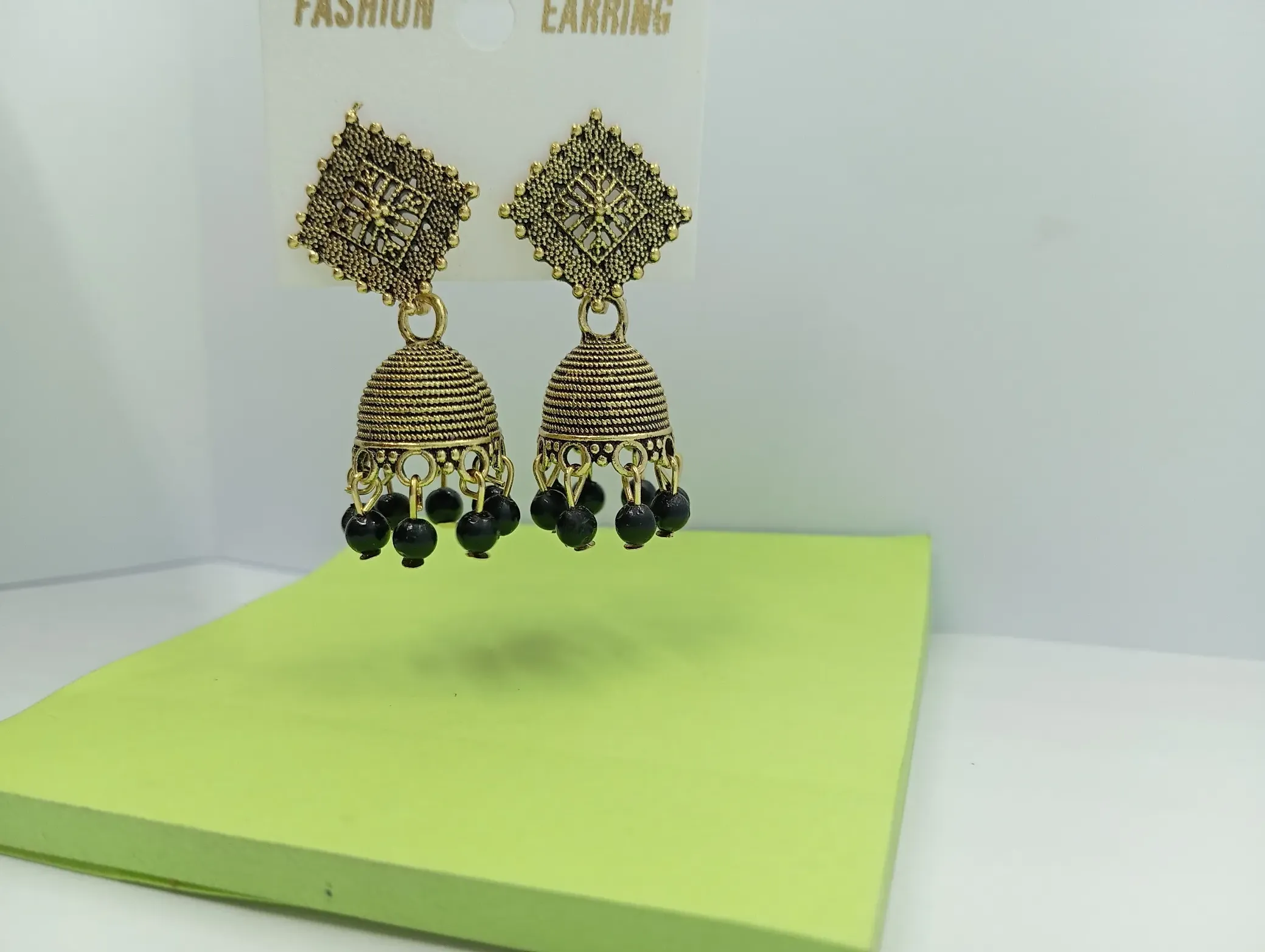 Antique Gold Square Top Jhumka Earrings with Black Beads