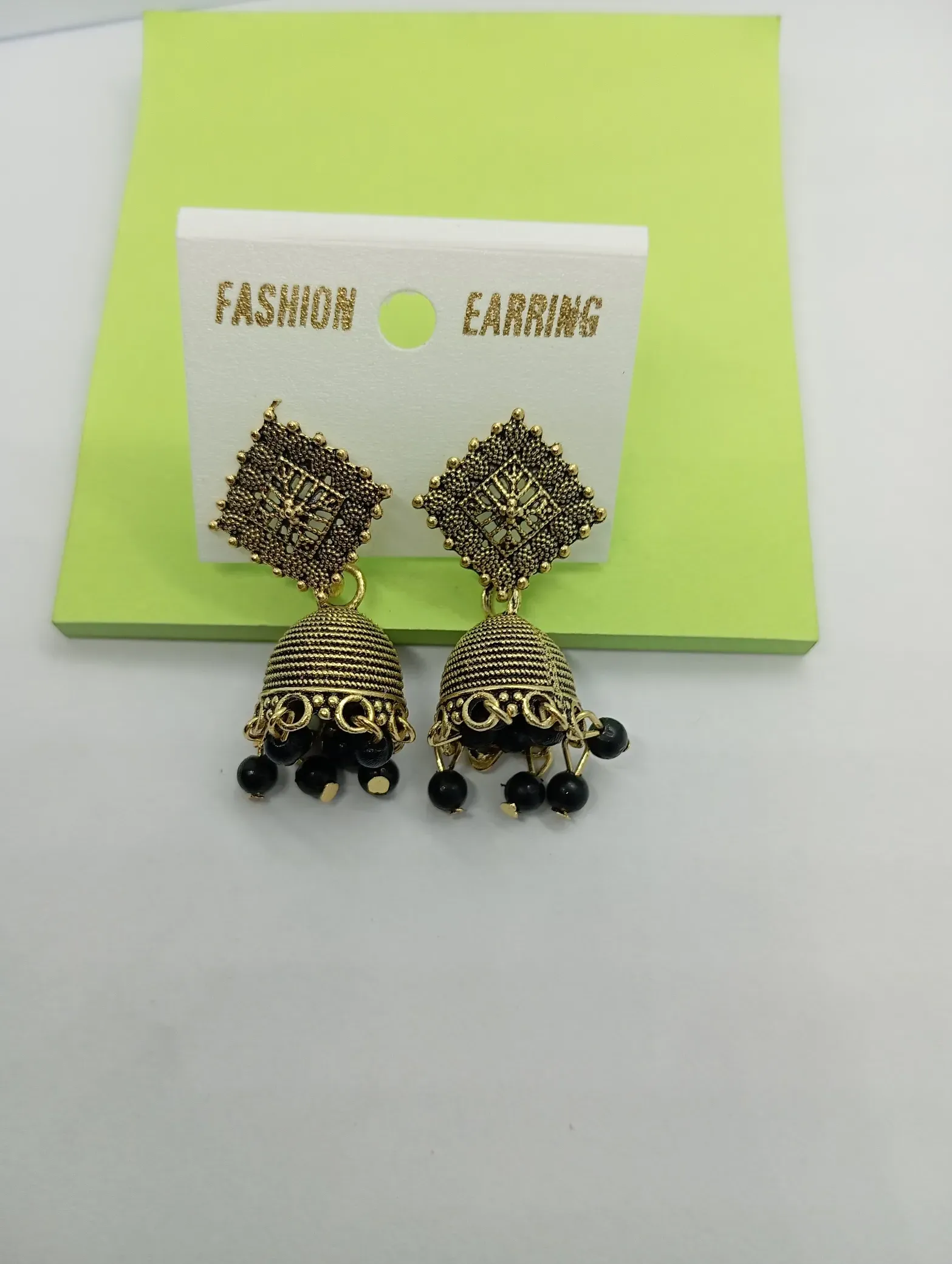 Antique Gold Square Top Jhumka Earrings with Black Beads
