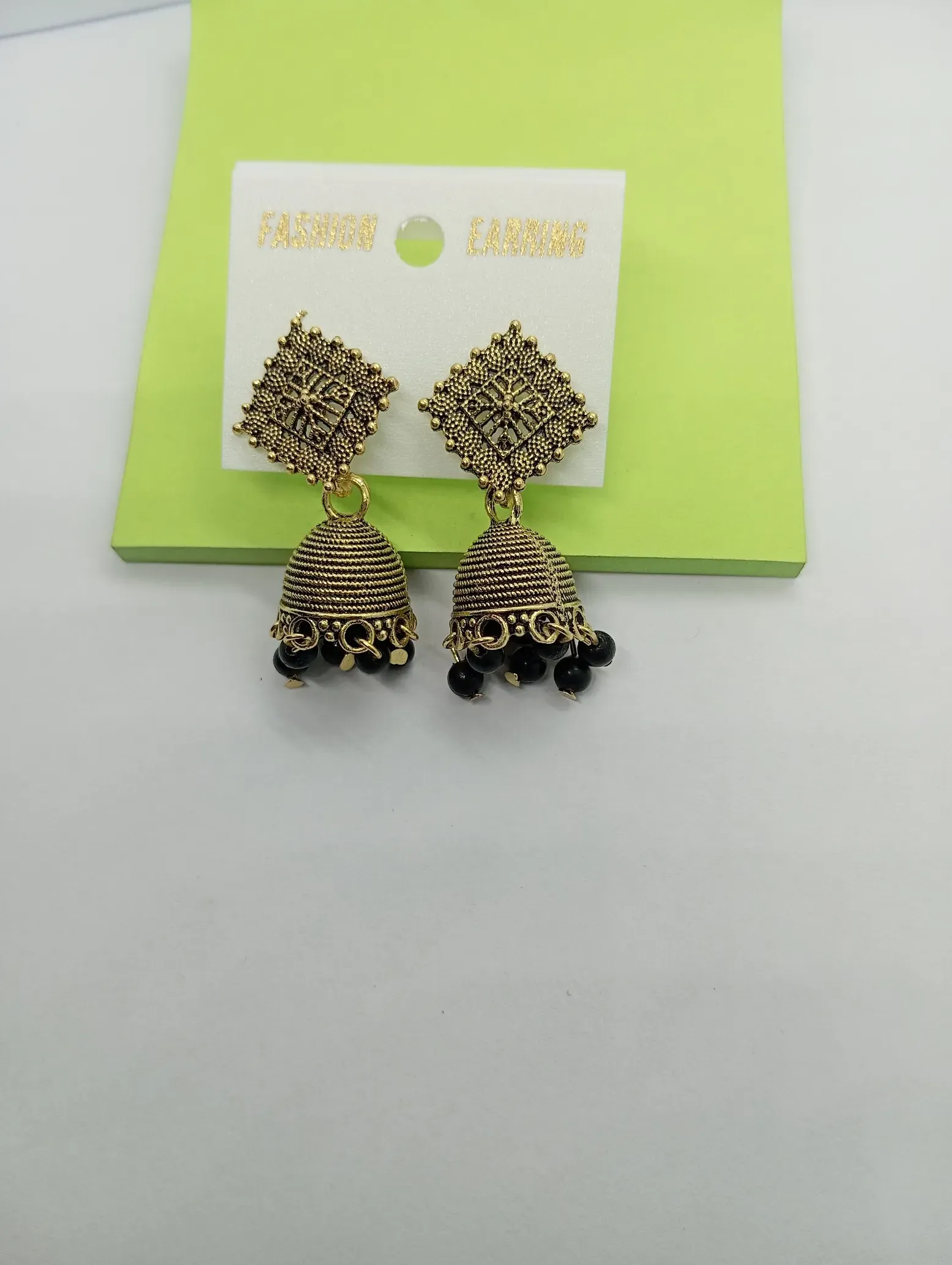 Antique Gold Square Top Jhumka Earrings with Black Beads