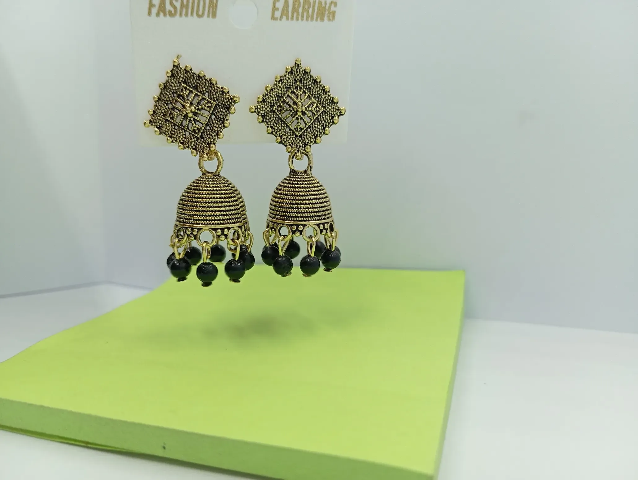 Antique Gold Square Top Jhumka Earrings with Black Beads