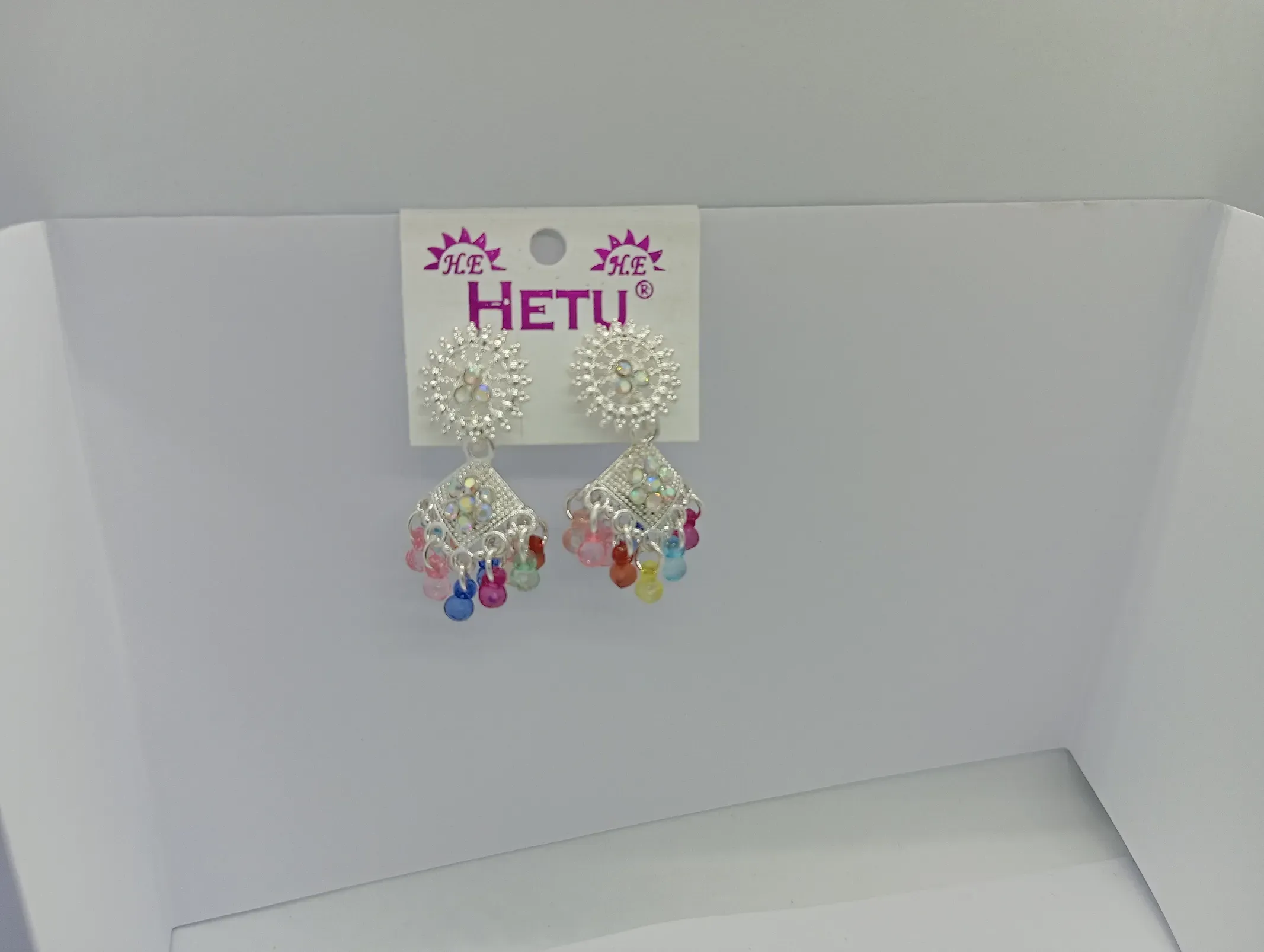 Silver Floral Earrings – Diamond Drop with Multicolor Beads