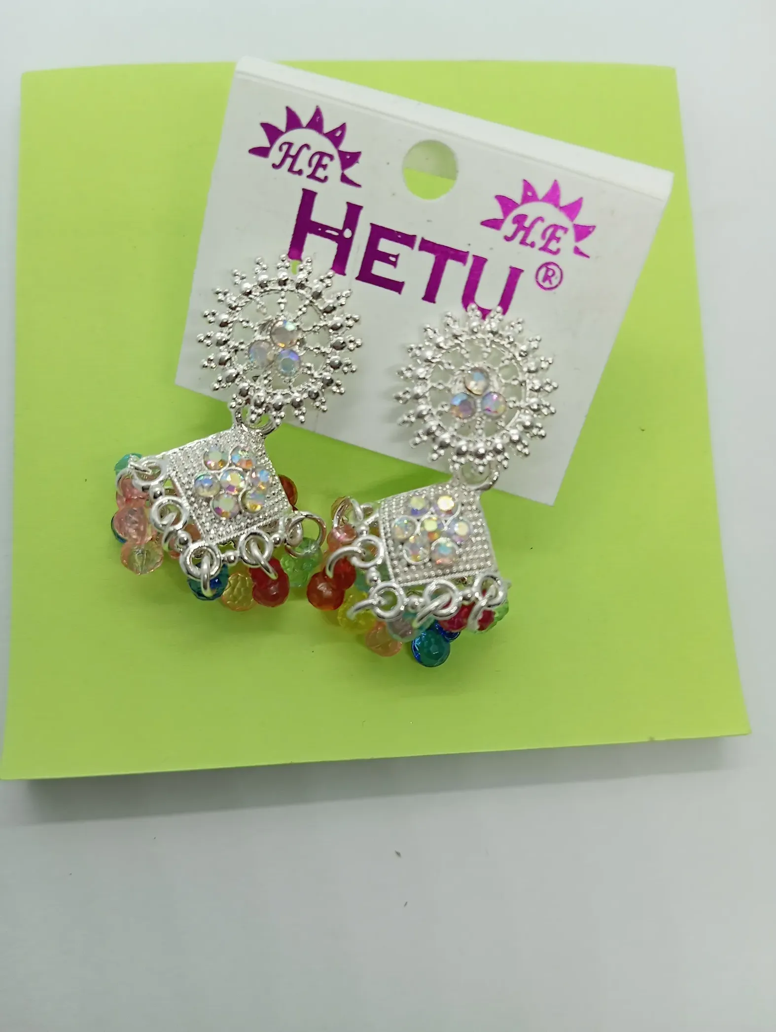 Silver Floral Earrings – Diamond Drop with Multicolor Beads