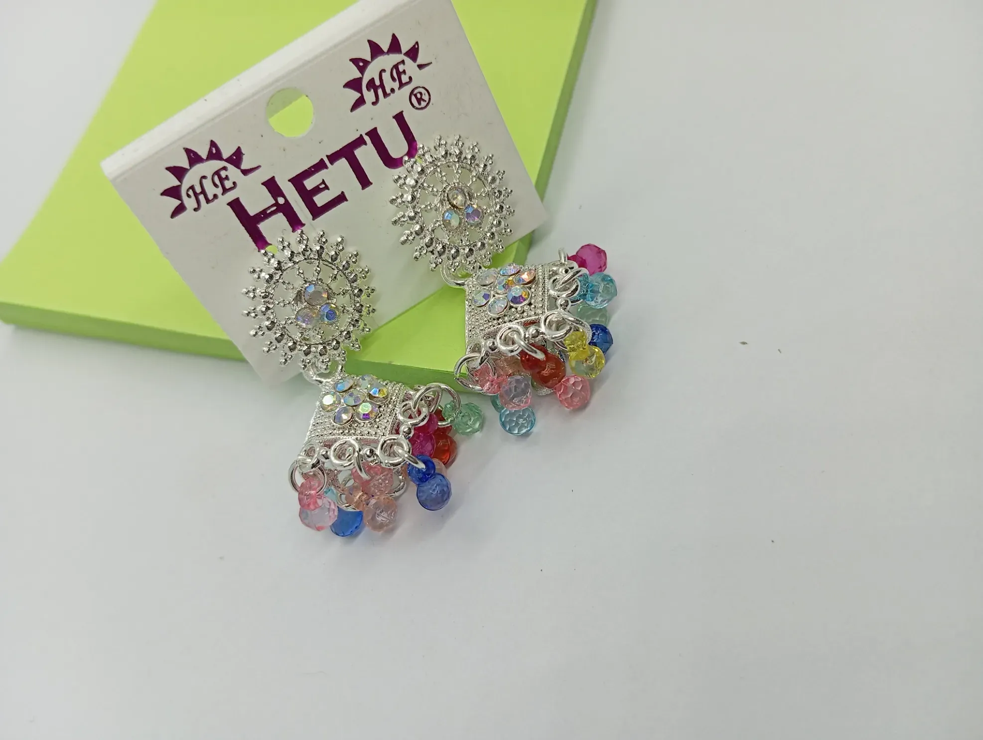 Silver Floral Earrings – Diamond Drop with Multicolor Beads