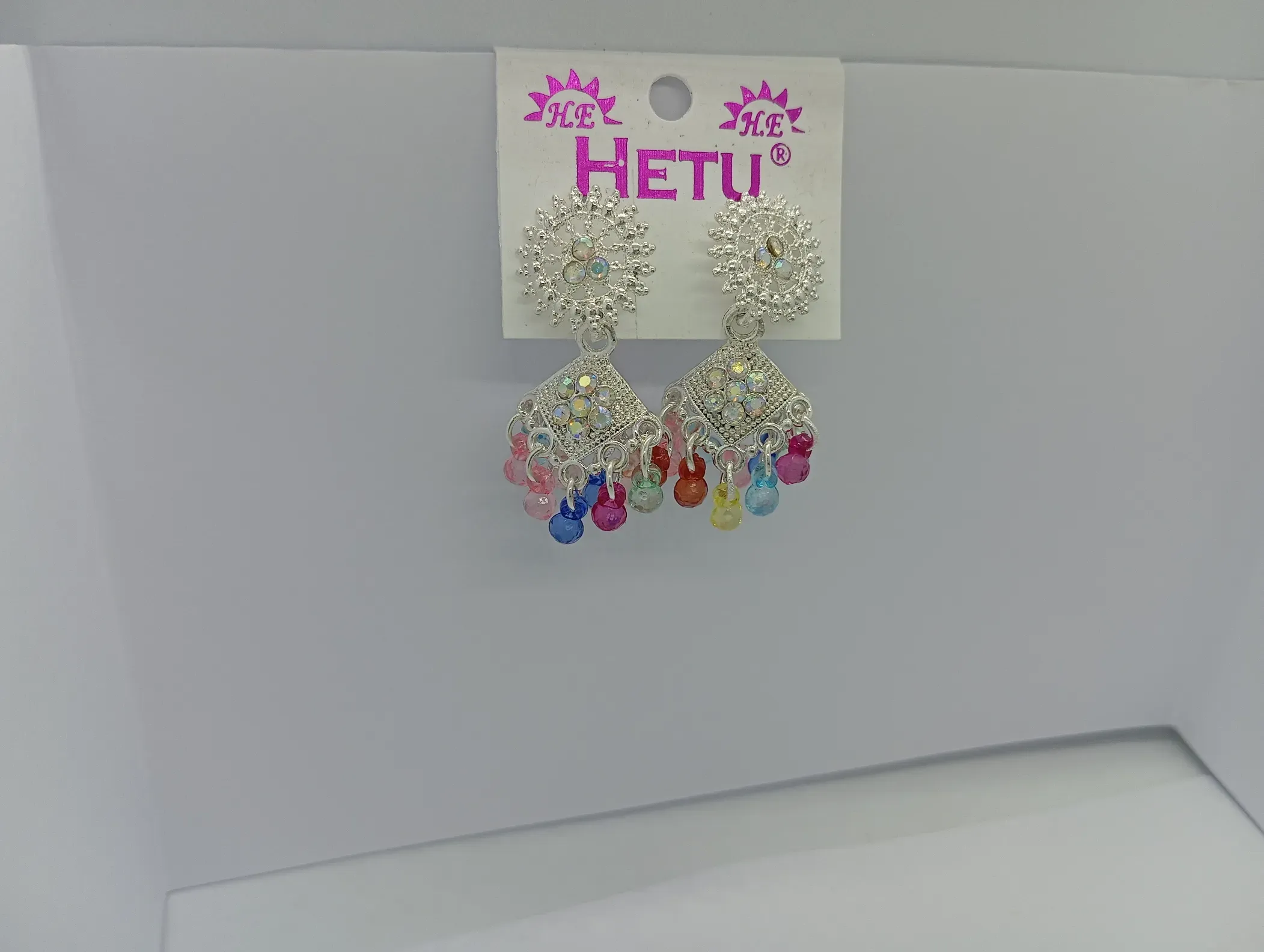 Silver Floral Earrings – Diamond Drop with Multicolor Beads