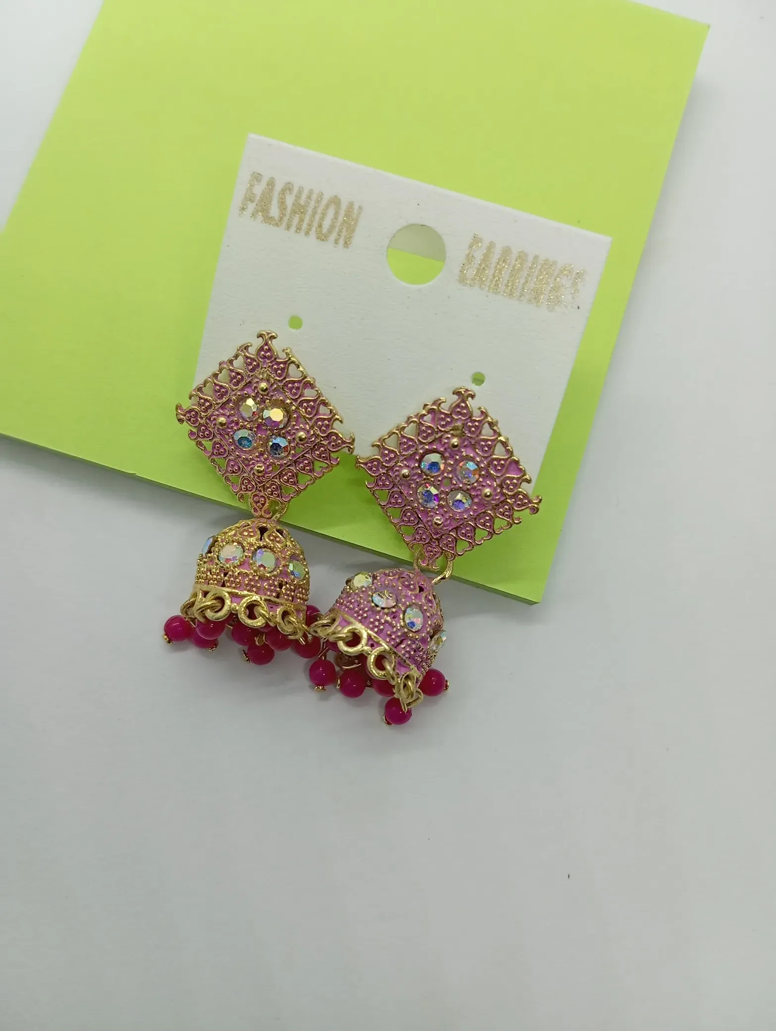 Pink Square-Top Jhumka Earrings – Mirror Work with Beaded Danglers