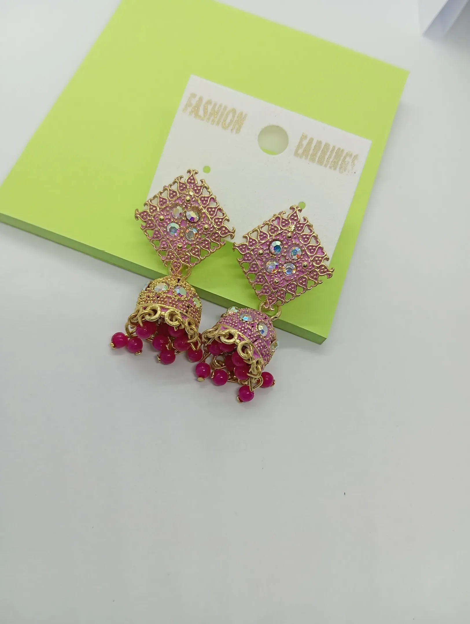 Pink Square-Top Jhumka Earrings – Mirror Work with Beaded Danglers