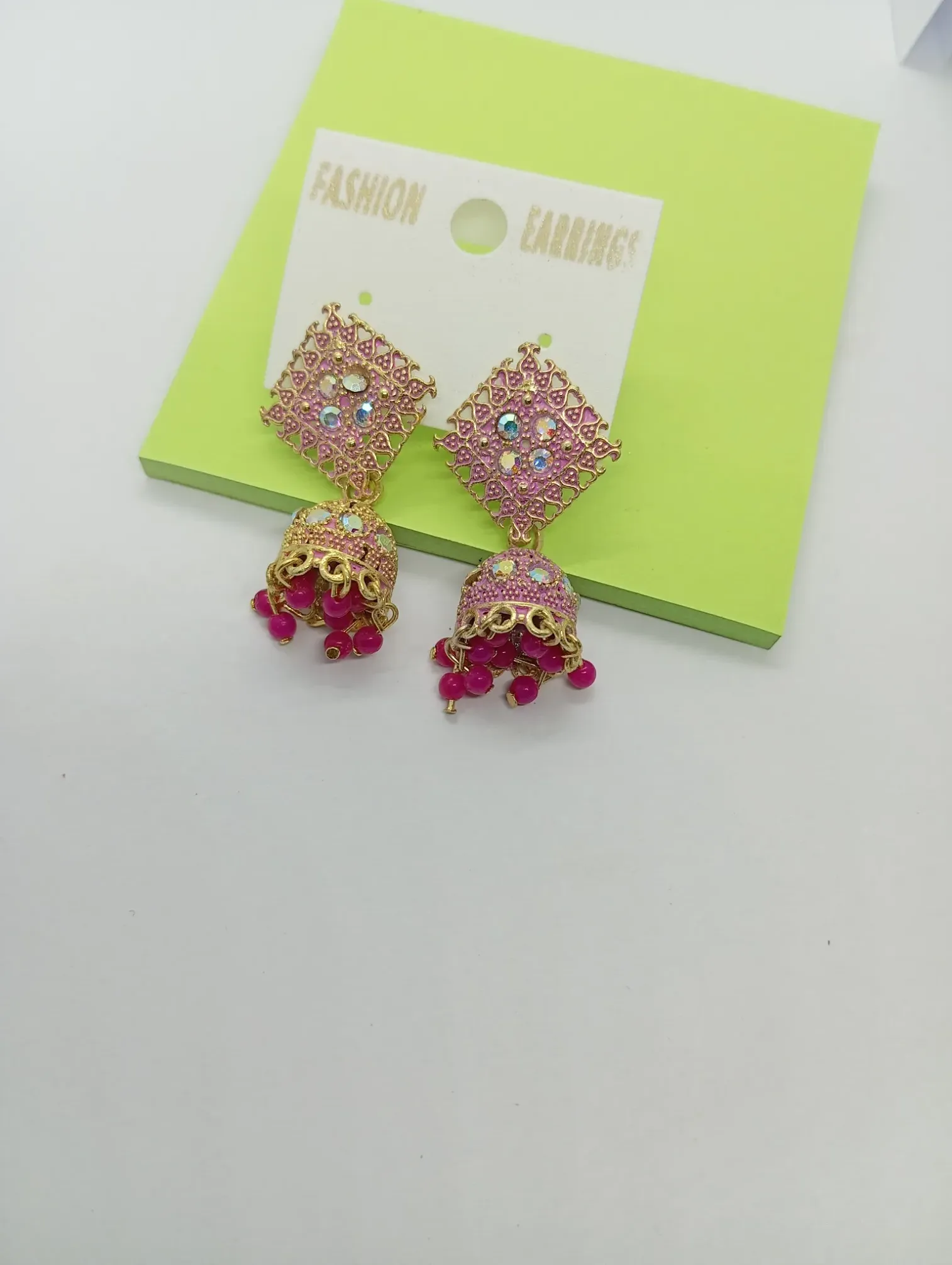 Pink Square-Top Jhumka Earrings – Mirror Work with Beaded Danglers